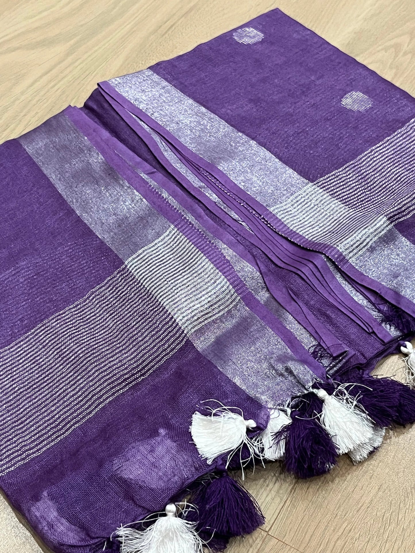 LINEN DUPATTA: Purple Linen Dupatta with zari motif & silver zari border with Tassels | KIHUMS Dupatta