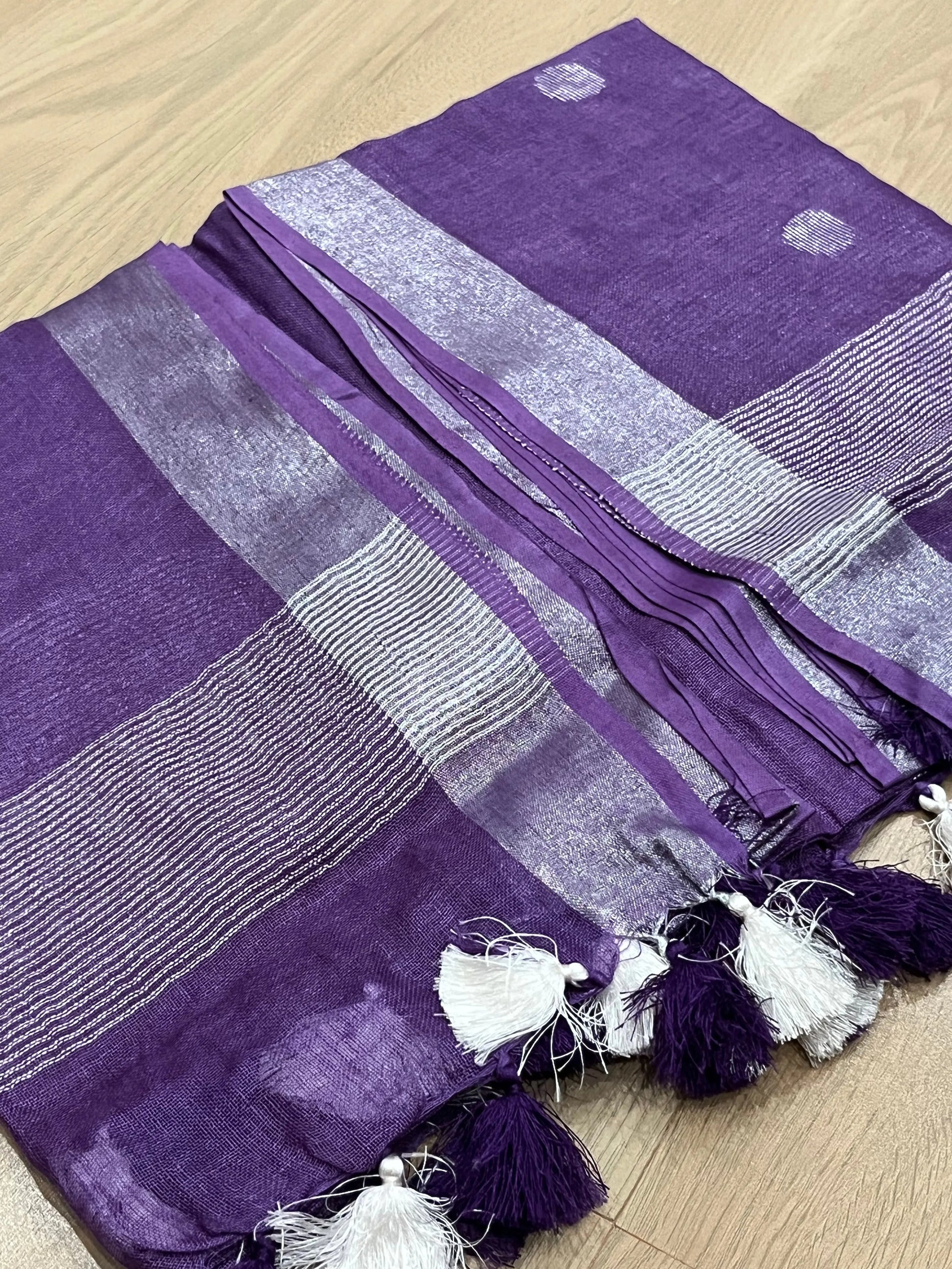 LINEN DUPATTA: Purple Linen Dupatta with zari motif & silver zari border with Tassels | KIHUMS Dupatta kihums clothing