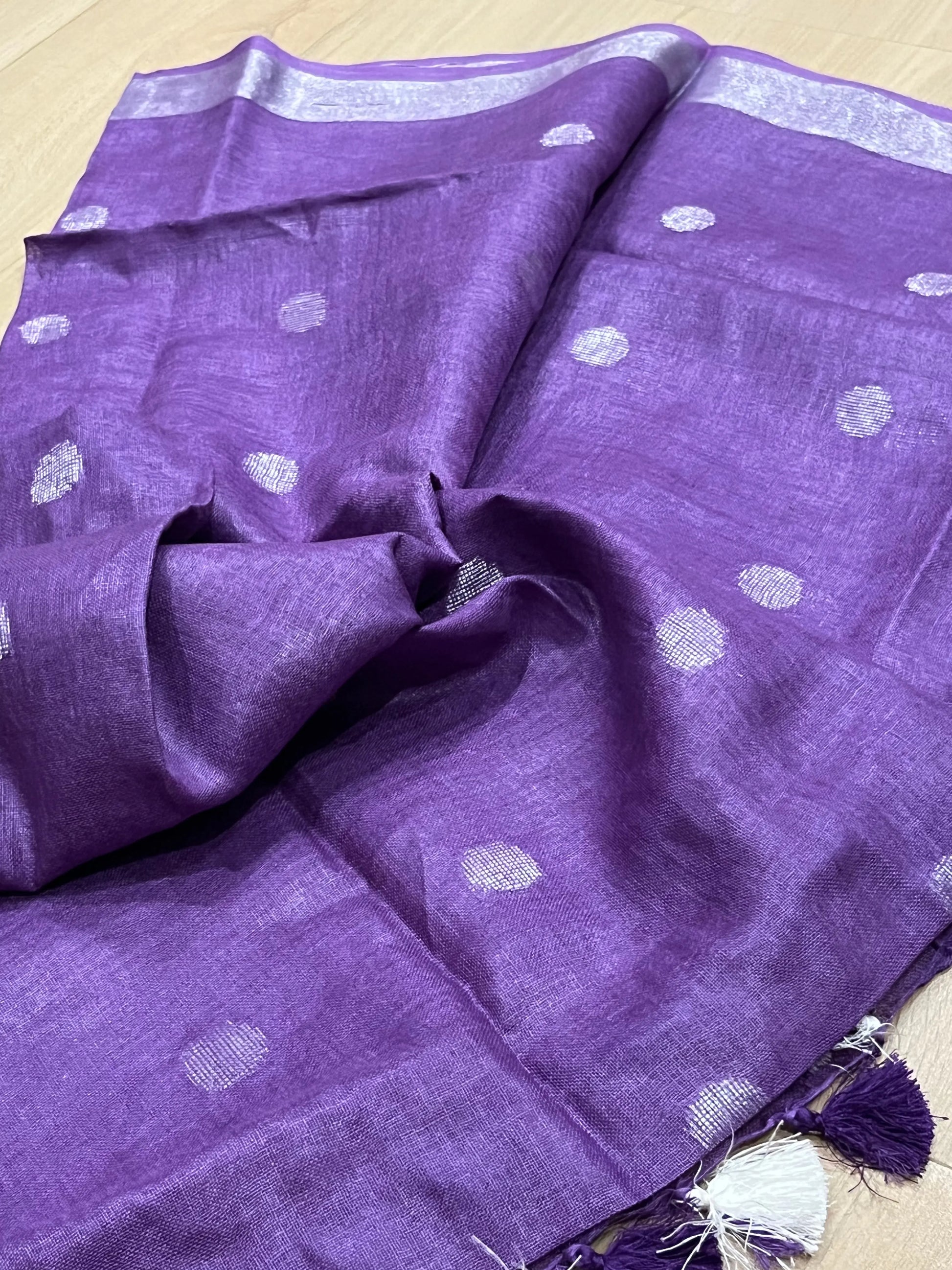 LINEN DUPATTA: Purple Linen Dupatta with zari motif & silver zari border with Tassels | KIHUMS Dupatta kihums clothing