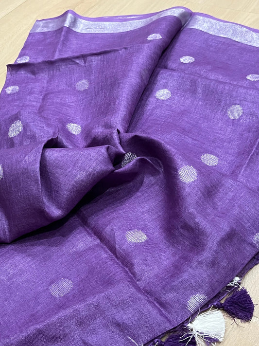 LINEN DUPATTA: Purple Linen Dupatta with zari motif & silver zari border with Tassels | KIHUMS Dupatta kihums clothing