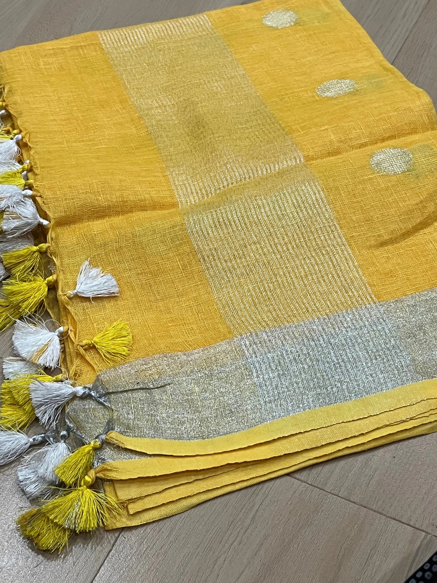 LINEN DUPATTA: Yellow Linen Dupatta with zari motif & silver zari border with Tassels | KIHUMS Dupatta kihums clothing