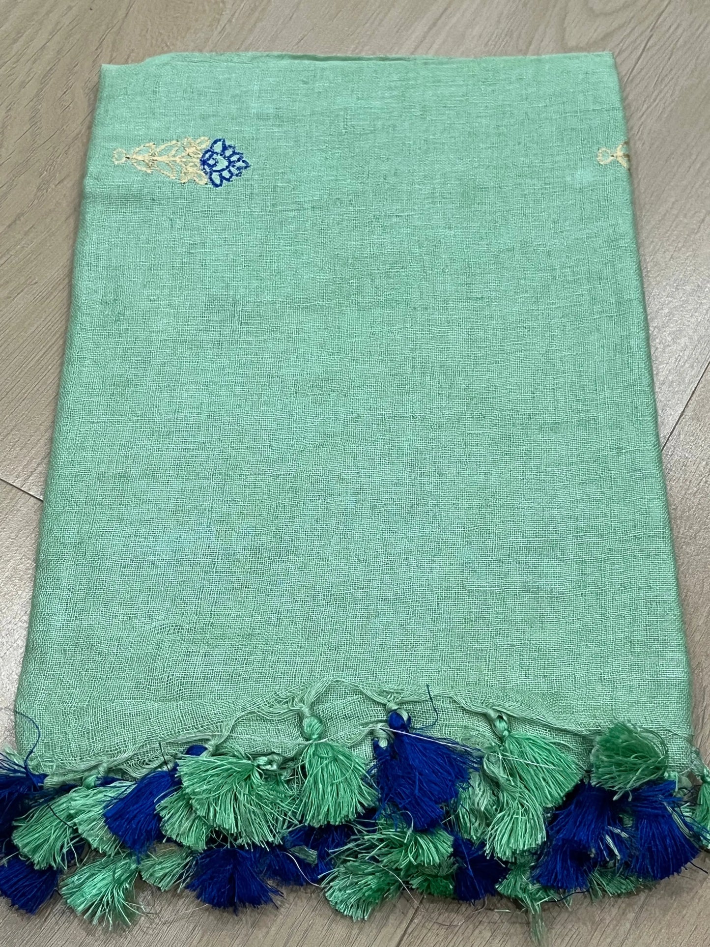 LINEN DUPATTA: Mint Linen Dupatta with embroidered flower with Tassels | KIHUMS Dupatta kihums clothing