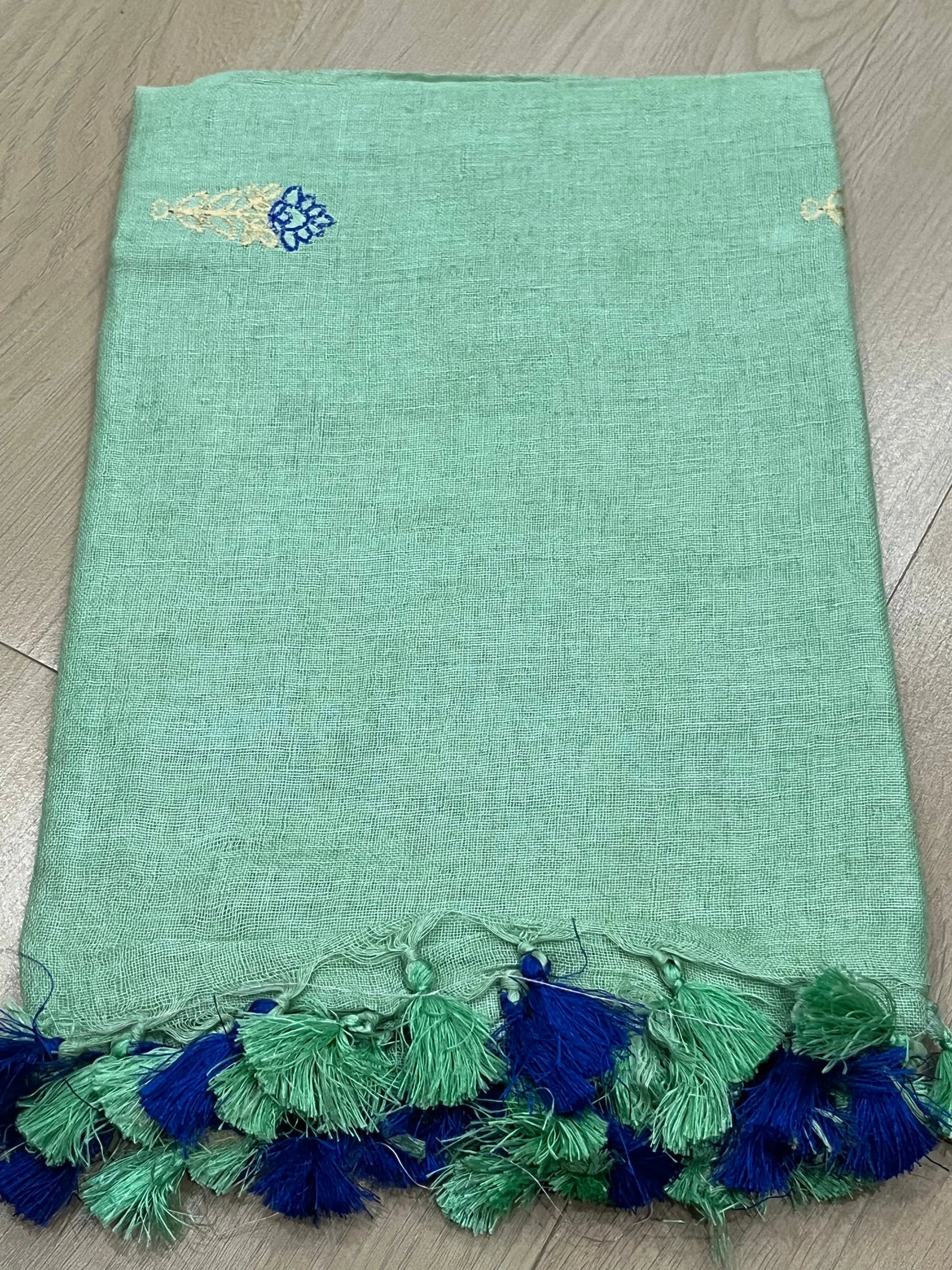LINEN DUPATTA: Mint Linen Dupatta with embroidered flower with Tassels | KIHUMS Dupatta kihums clothing