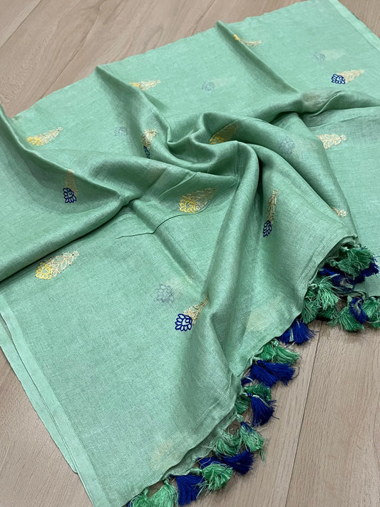 LINEN DUPATTA: Mint Linen Dupatta with embroidered flower with Tassels | KIHUMS Dupatta kihums clothing