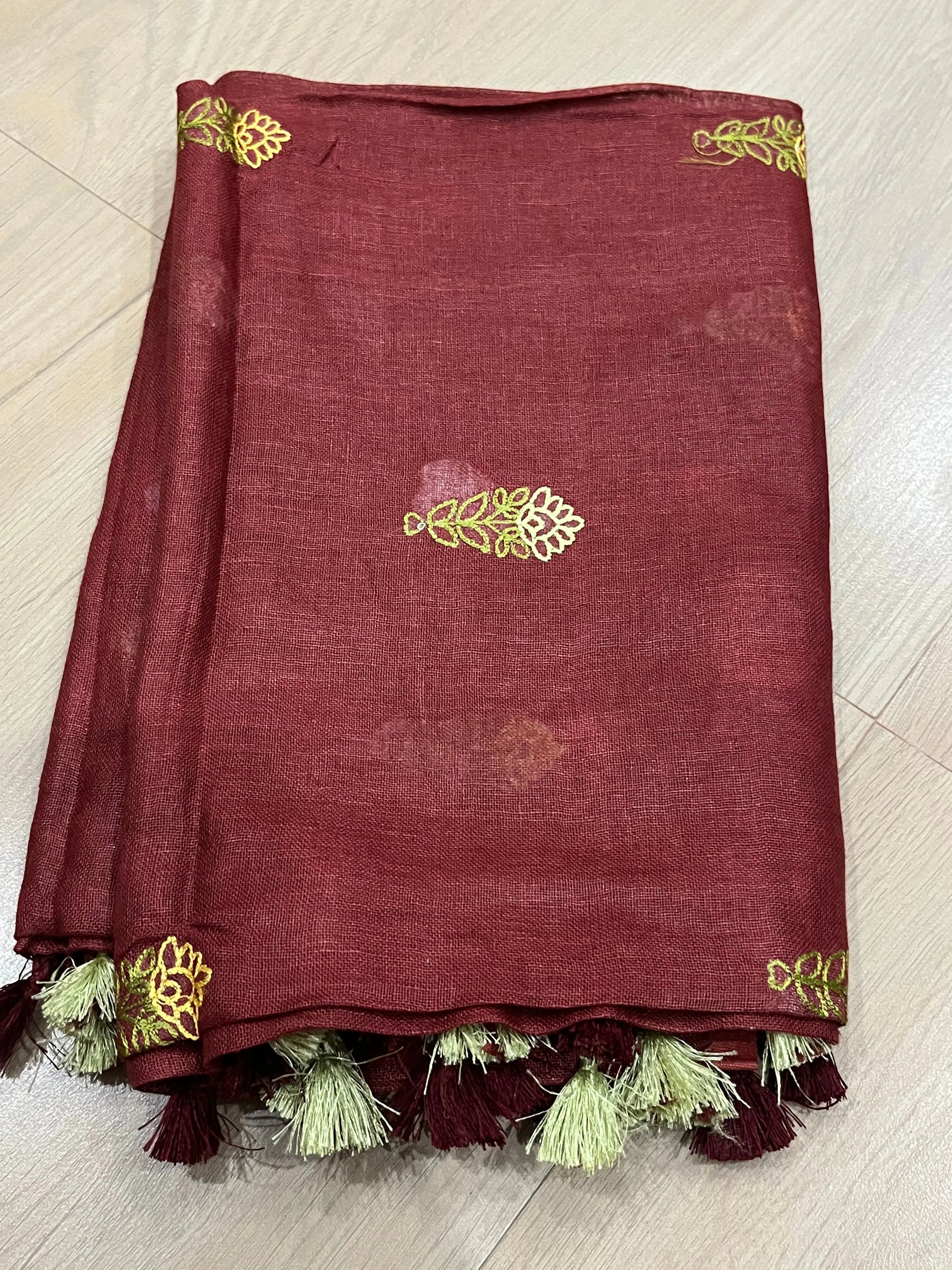 LINEN DUPATTA: Chocolate Linen Dupatta with embroidered flower with Tassels | KIHUMS Dupatta kihums clothing