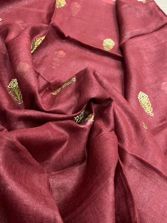 LINEN DUPATTA: Chocolate Linen Dupatta with embroidered flower with Tassels | KIHUMS Dupatta kihums clothing