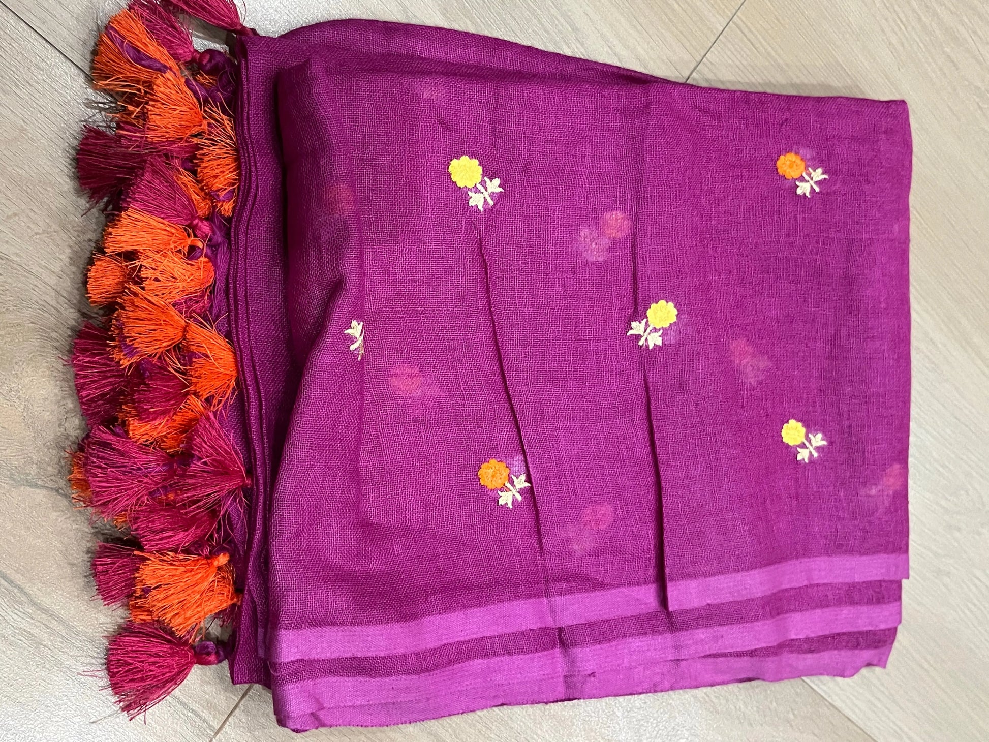 LINEN DUPATTA: Magenta Linen Dupatta with embroidered flower with Tassels | KIHUMS Dupatta kihums clothing