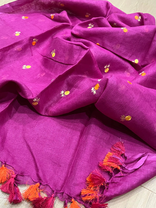 LINEN DUPATTA: Magenta Linen Dupatta with embroidered flower with Tassels | KIHUMS Dupatta kihums clothing