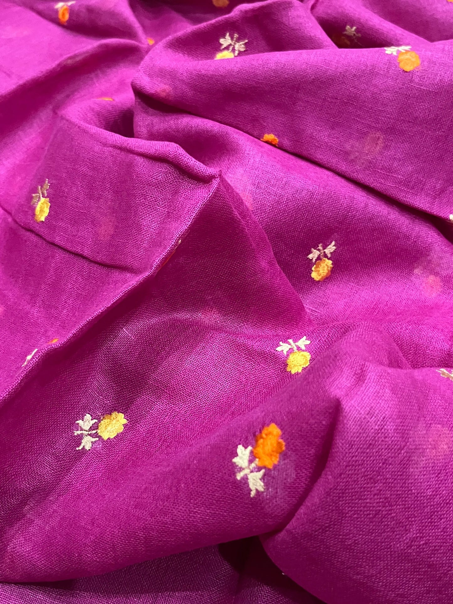 LINEN DUPATTA: Magenta Linen Dupatta with embroidered flower with Tassels | KIHUMS Dupatta kihums clothing