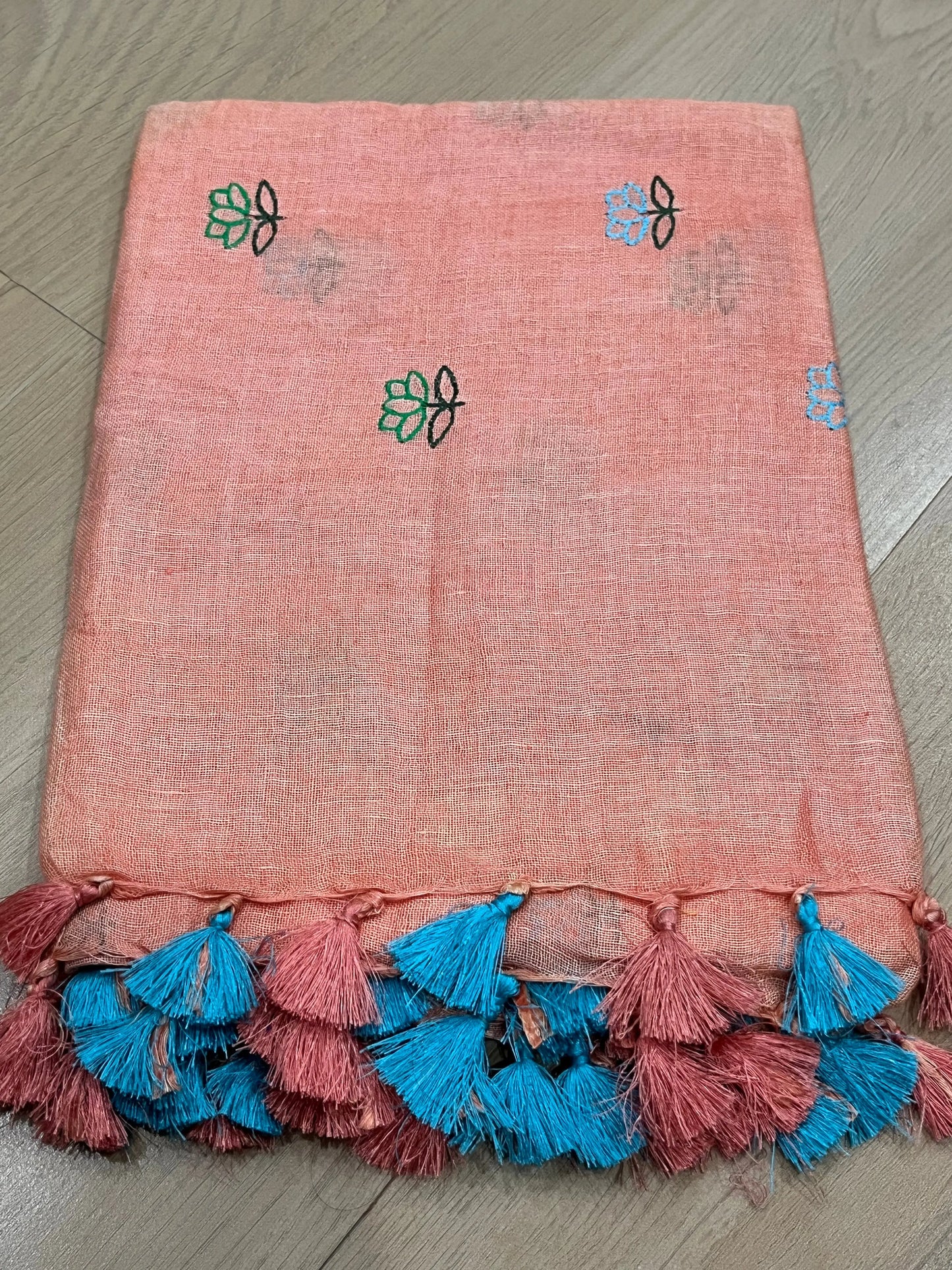 LINEN DUPATTA: Salmon Linen Dupatta with embroidered flower with Tassels | KIHUMS Dupatta