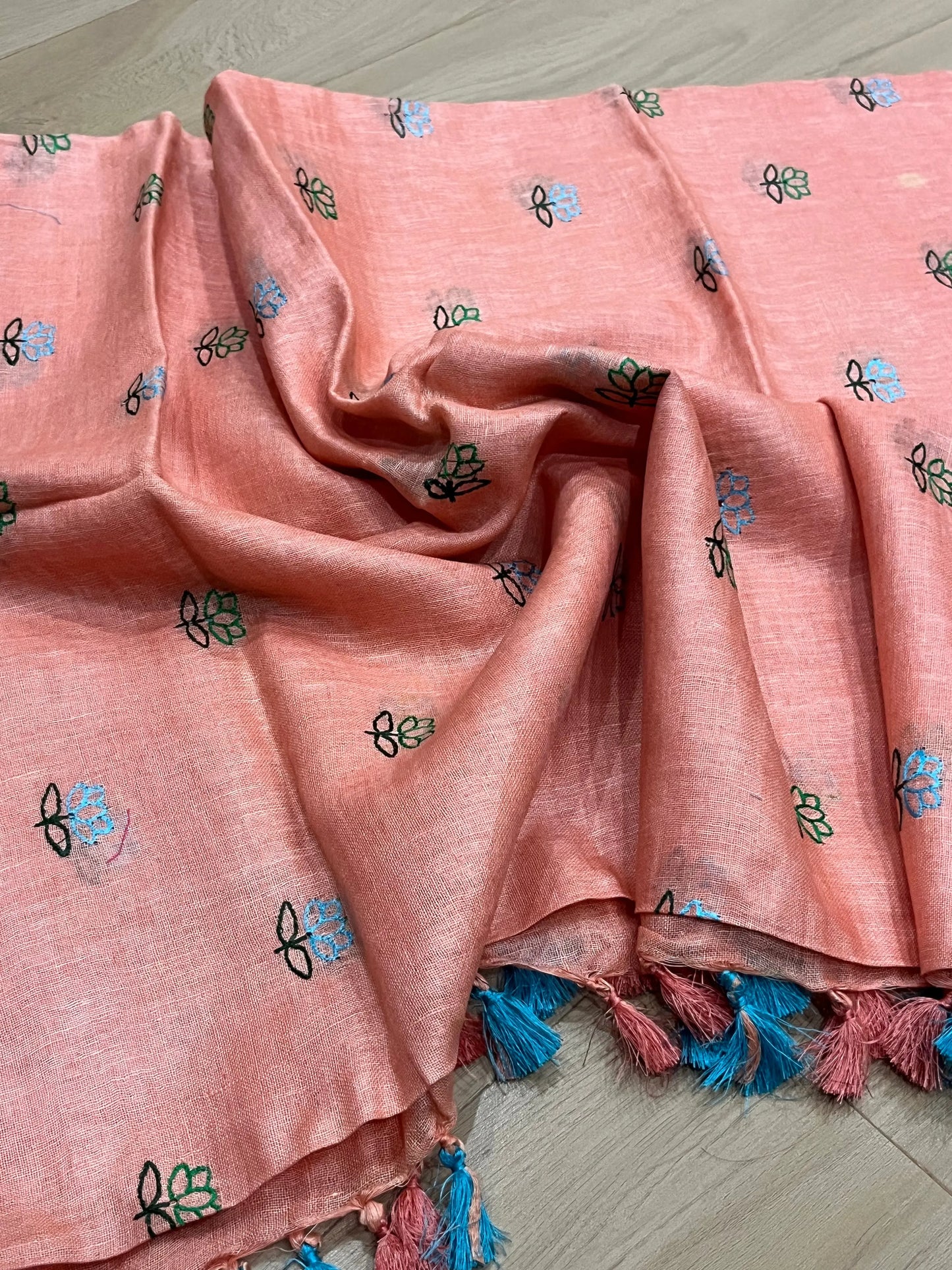 LINEN DUPATTA: Salmon Linen Dupatta with embroidered flower with Tassels | KIHUMS Dupatta