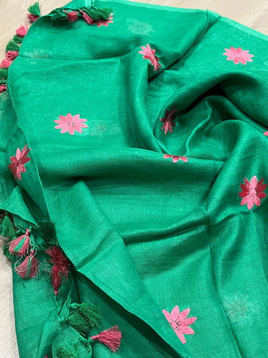 LINEN DUPATTA: Green Linen Dupatta with embroidered flower with Tassels | KIHUMS Dupatta kihums clothing