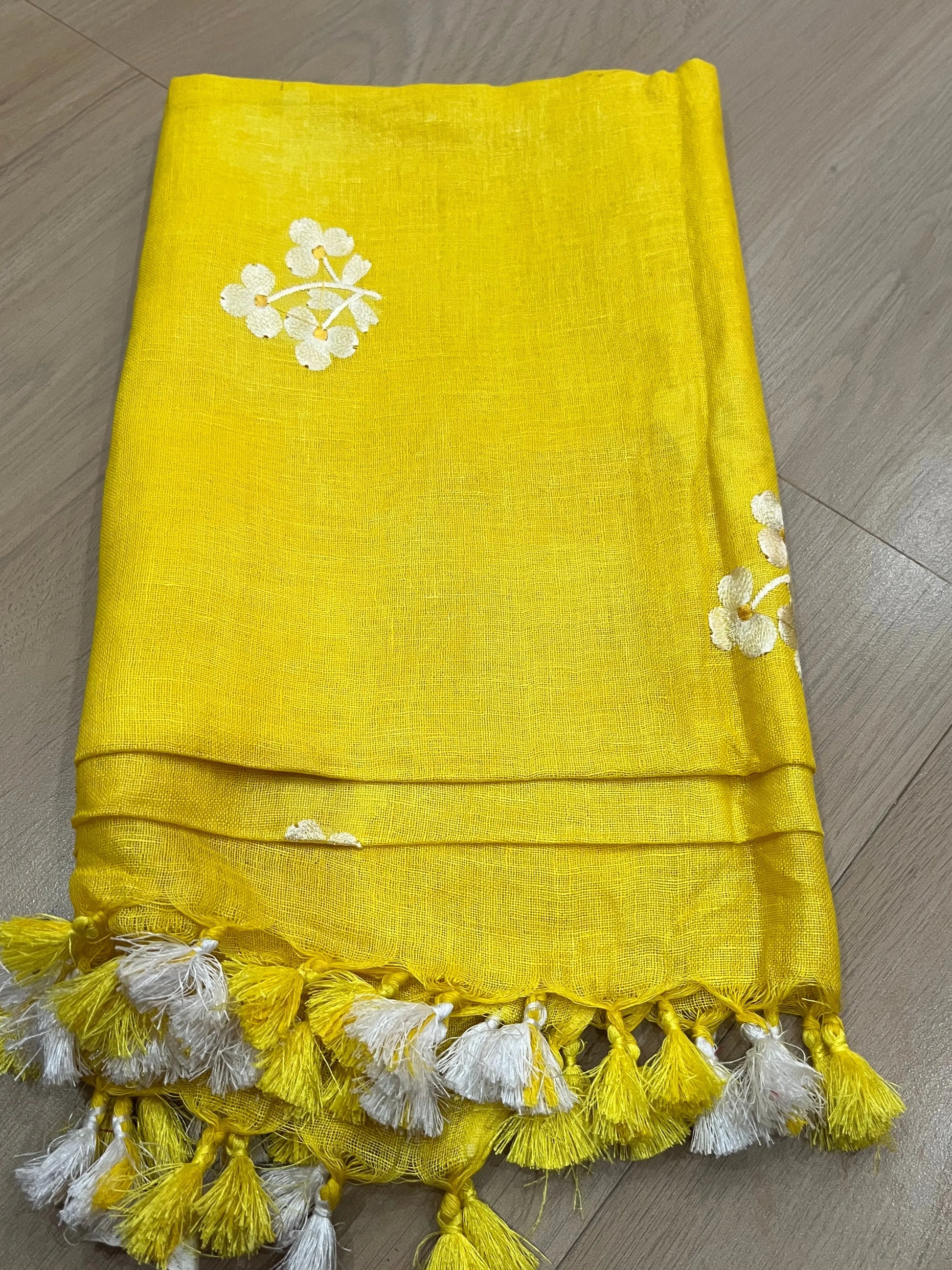 LINEN DUPATTA: Yellow Linen Dupatta with embroidered flower with Tassels | KIHUMS Dupatta kihums clothing