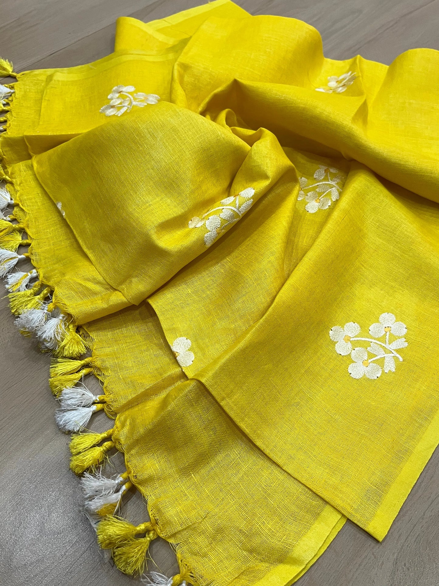 LINEN DUPATTA: Yellow Linen Dupatta with embroidered flower with Tassels | KIHUMS Dupatta kihums clothing