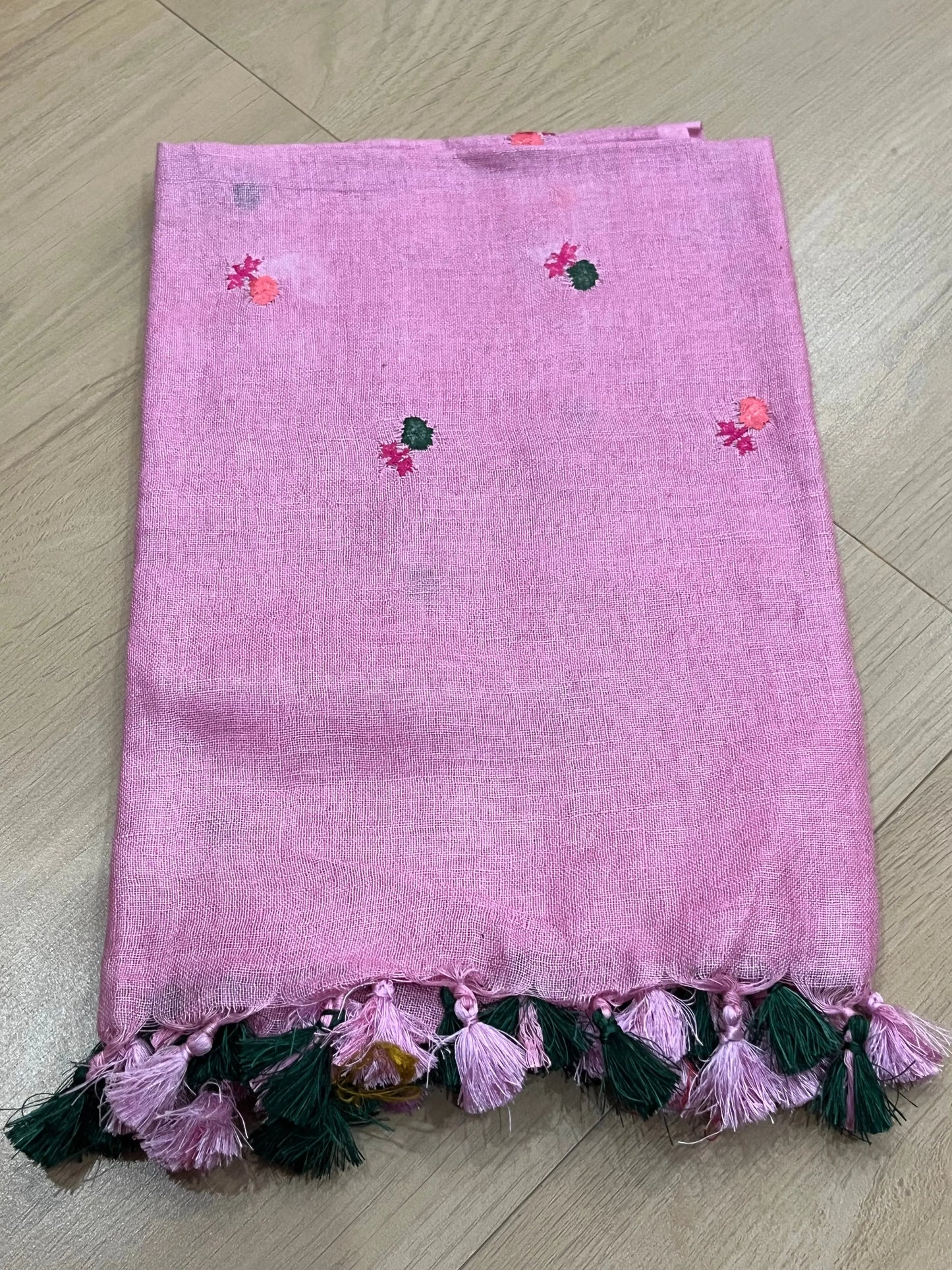 LINEN DUPATTA: Pink Linen Dupatta with embroidered flower with Tassels | KIHUMS Dupatta