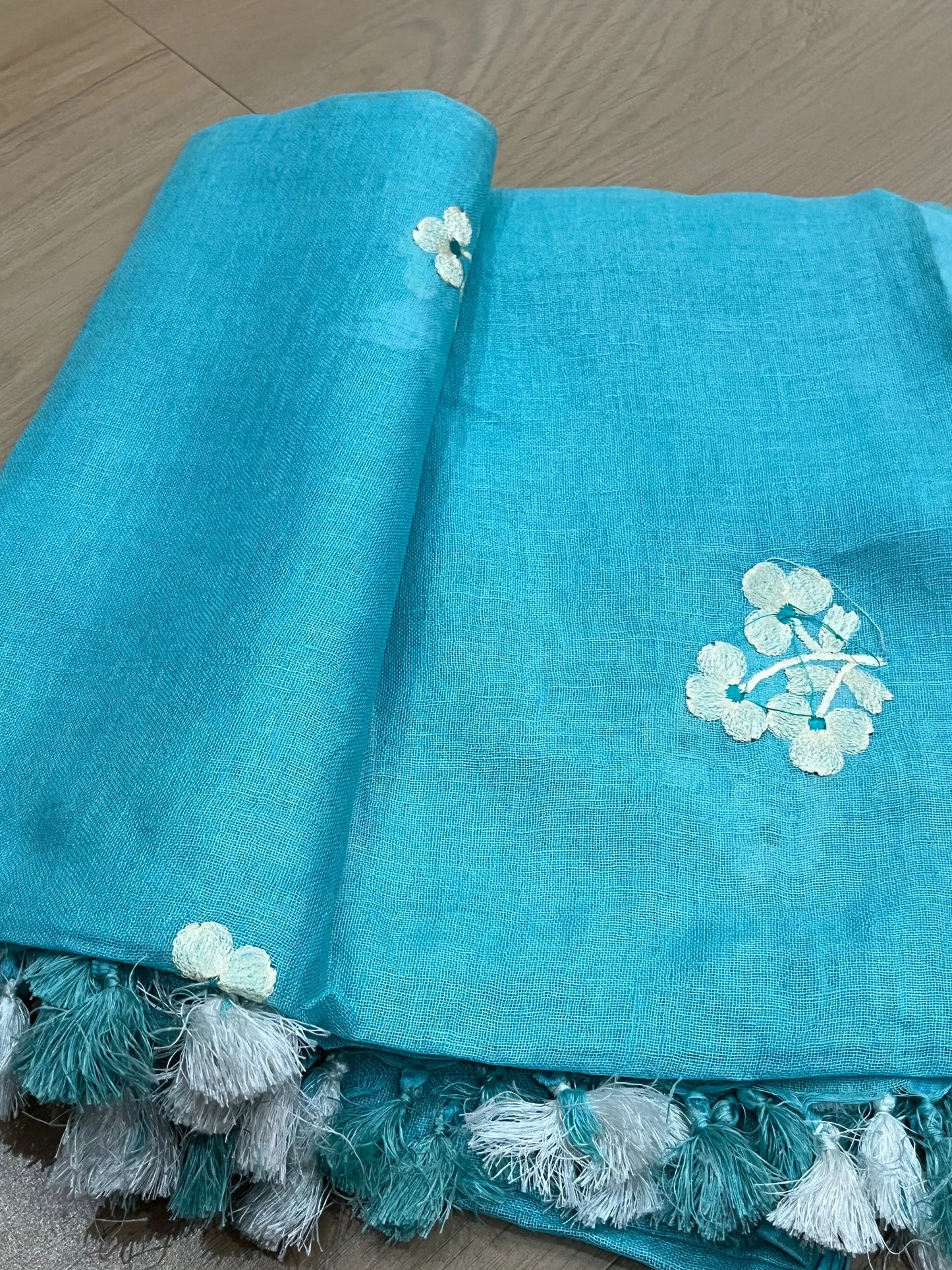 LINEN DUPATTA: Blue Linen Dupatta with embroidered flower with Tassels | KIHUMS Dupatta kihums clothing