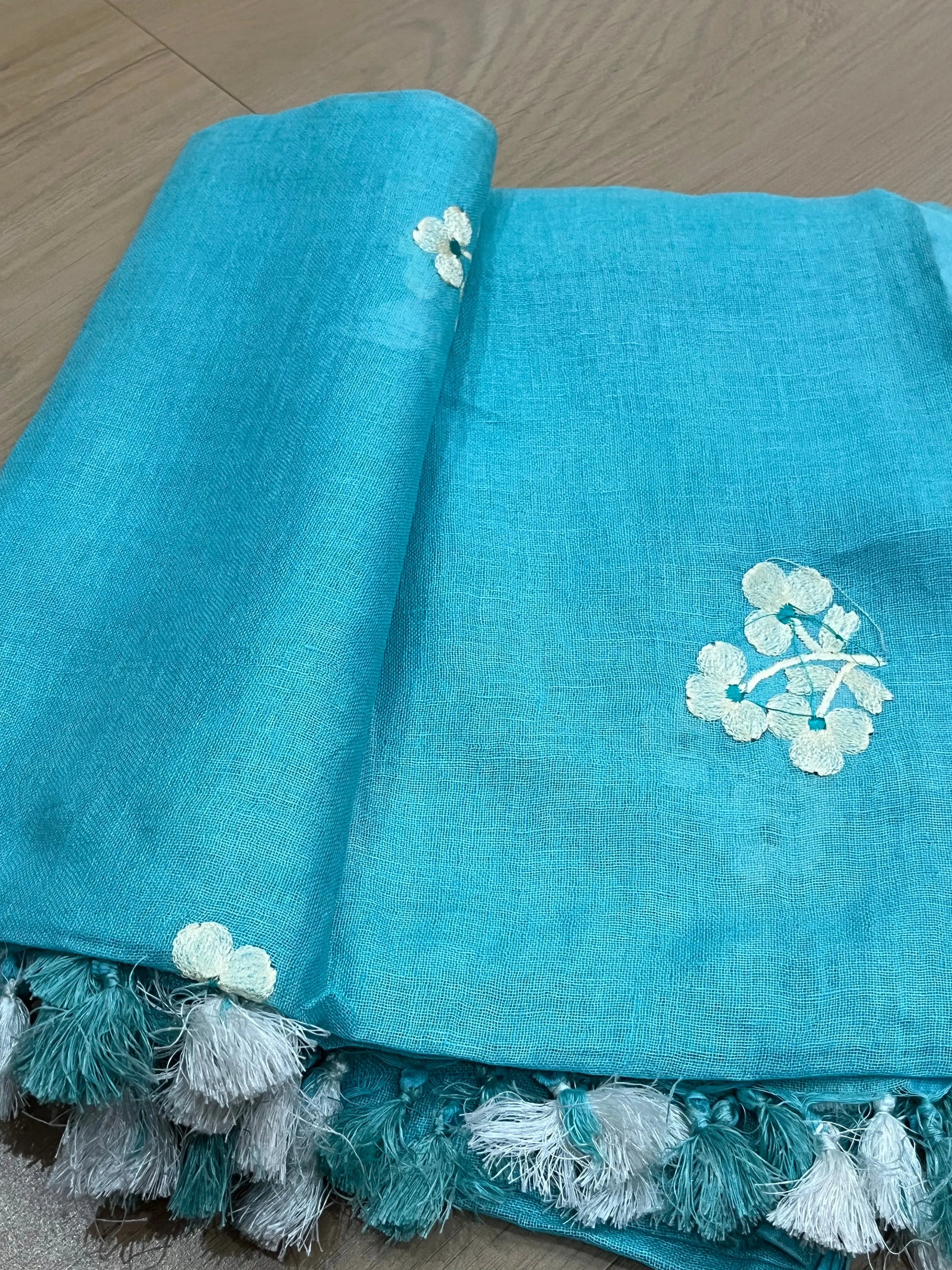 LINEN DUPATTA: Blue Linen Dupatta with embroidered flower with Tassels | KIHUMS Dupatta kihums clothing