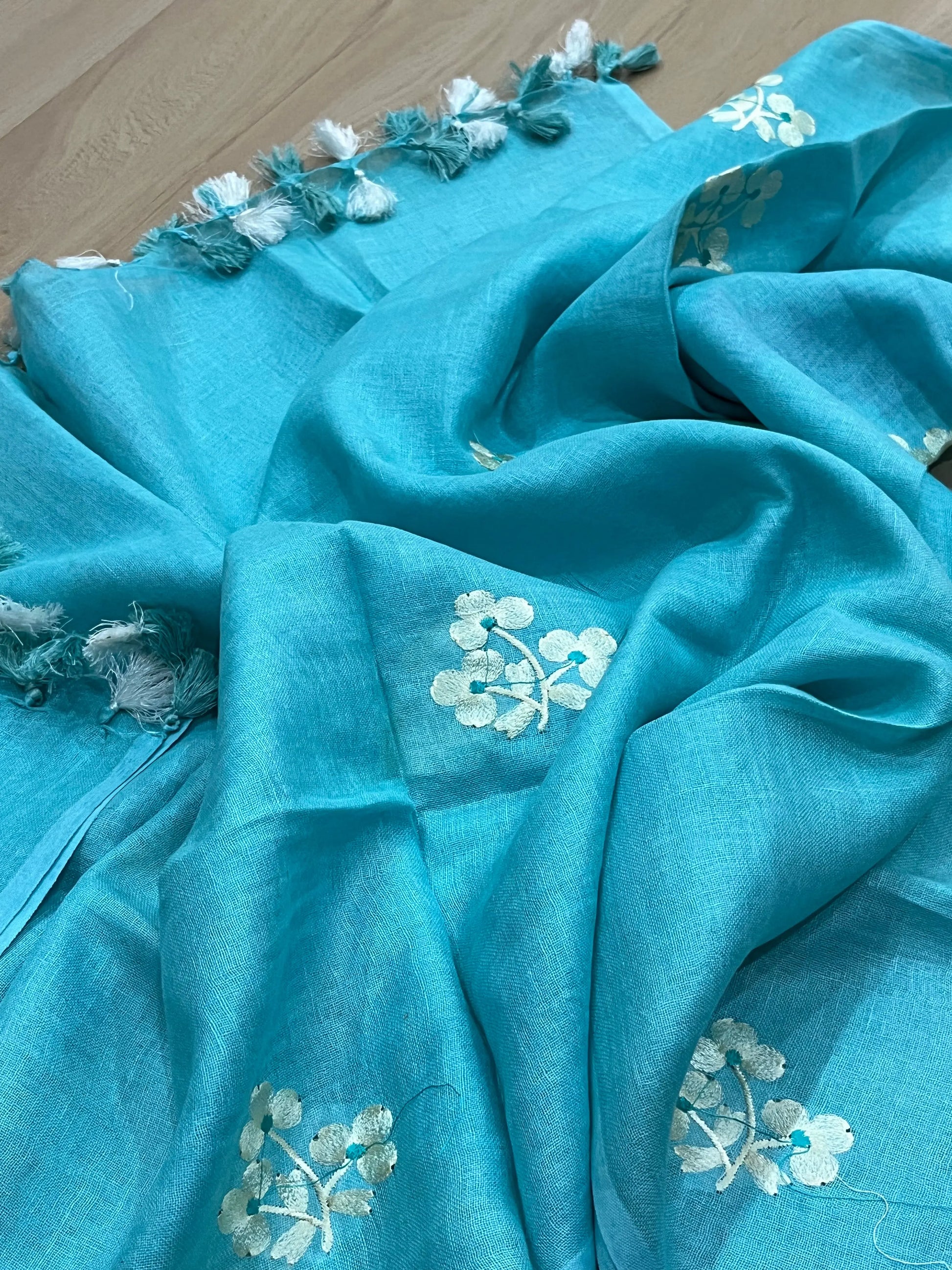 LINEN DUPATTA: Blue Linen Dupatta with embroidered flower with Tassels | KIHUMS Dupatta kihums clothing