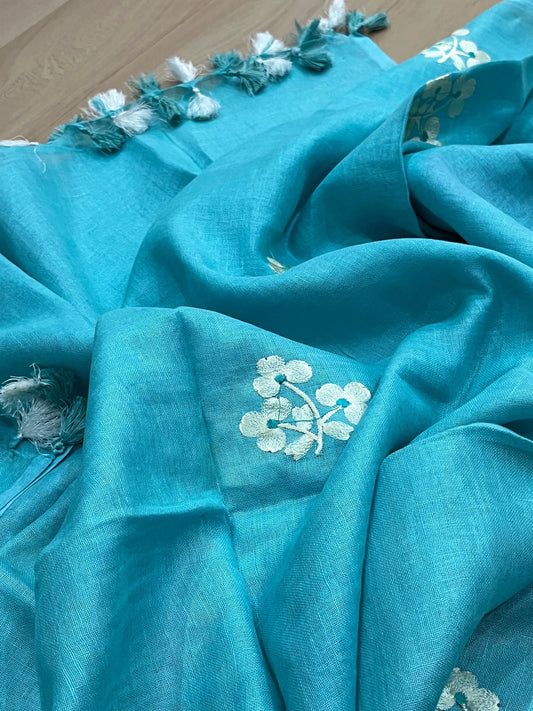 LINEN DUPATTA: Blue Linen Dupatta with embroidered flower with Tassels | KIHUMS Dupatta kihums clothing