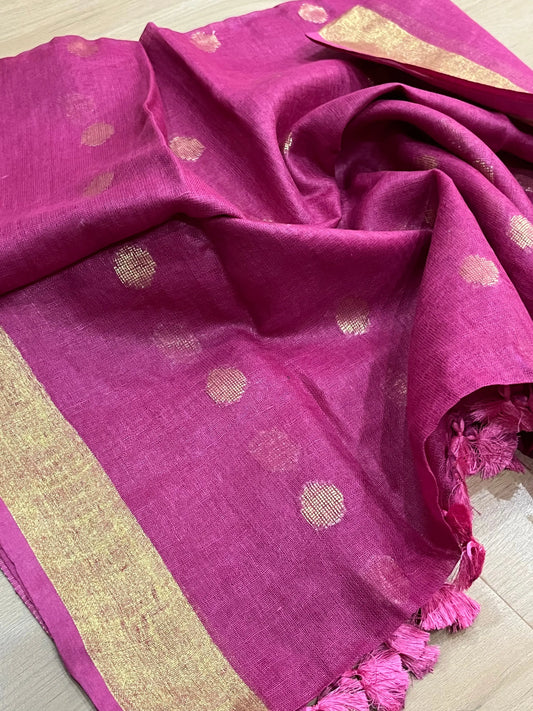 LINEN DUPATTA: Magenta Linen Dupatta with zari motif & gold red zari border with Tassels | KIHUMS Dupatta kihums clothing