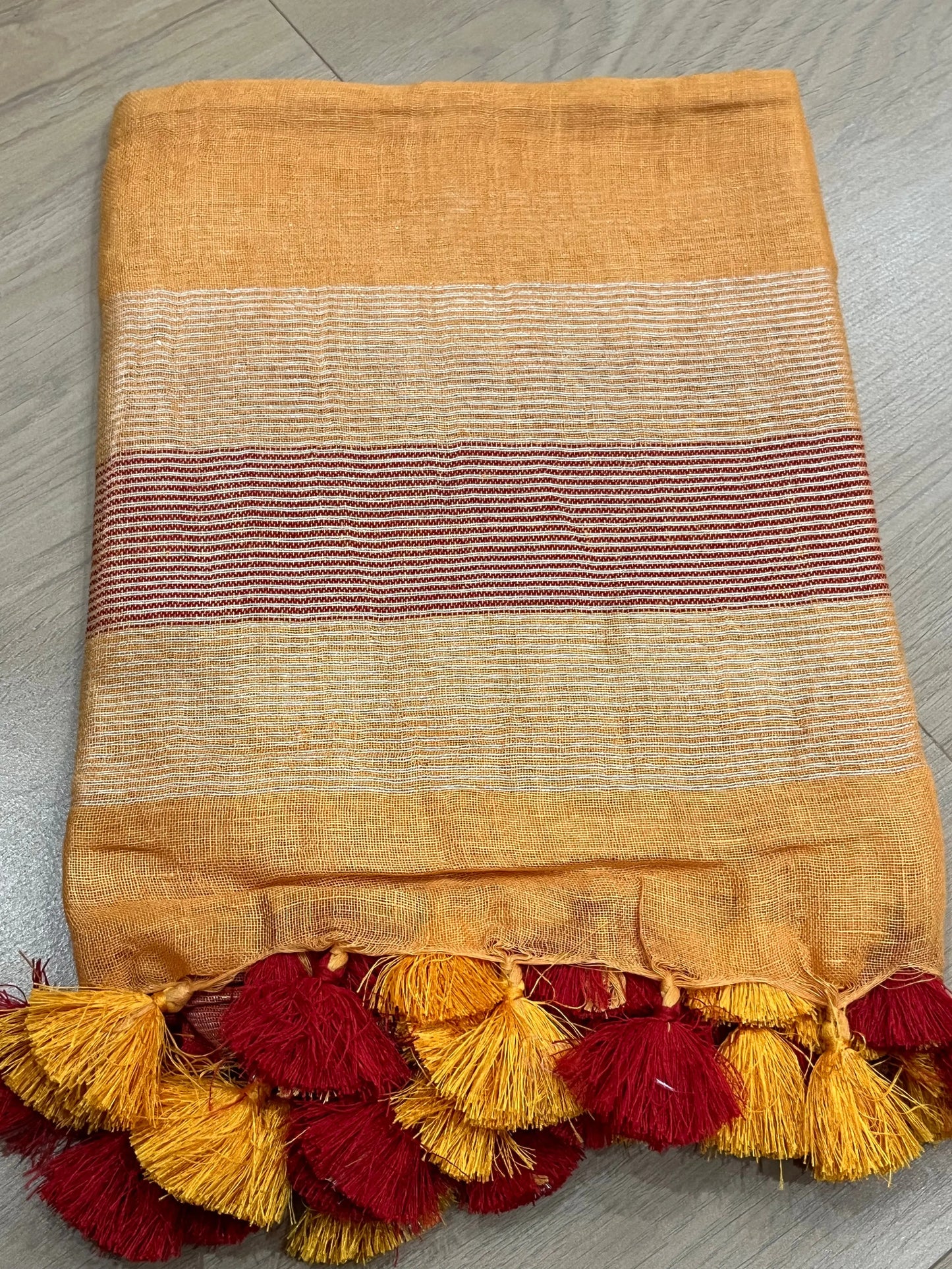 LINEN DUPATTA: Orange Linen Dupatta with red zari border with Tassels | KIHUMS Dupatta