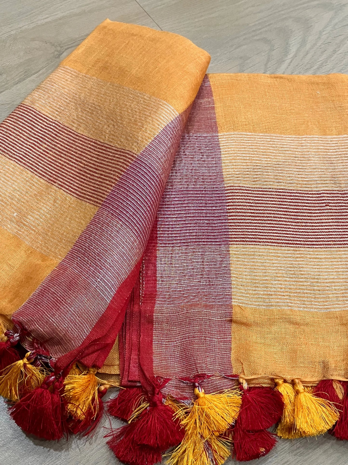 LINEN DUPATTA: Orange Linen Dupatta with red zari border with Tassels | KIHUMS Dupatta