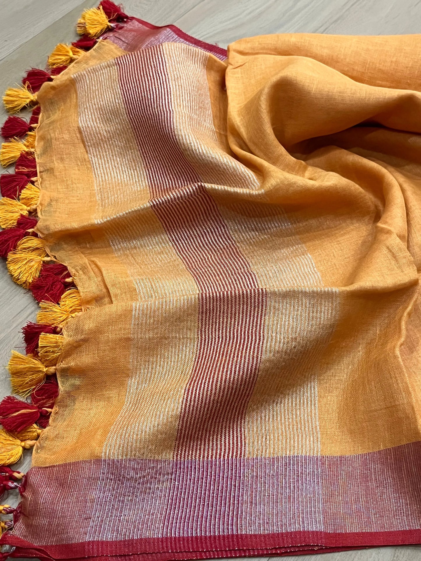 LINEN DUPATTA: Orange Linen Dupatta with red zari border with Tassels | KIHUMS Dupatta