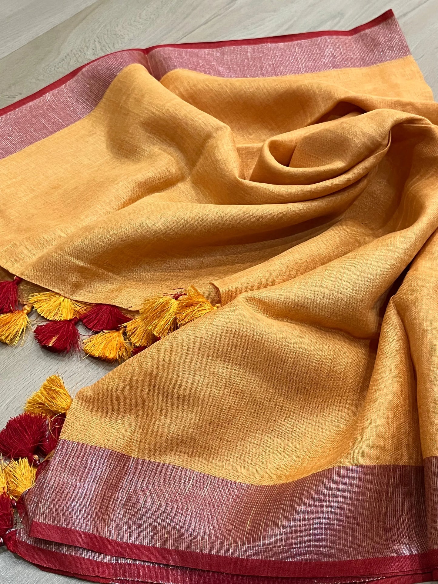 LINEN DUPATTA: Orange Linen Dupatta with red zari border with Tassels | KIHUMS Dupatta