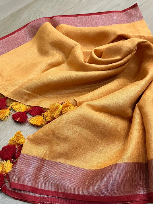 LINEN DUPATTA: Orange Linen Dupatta with red zari border with Tassels | KIHUMS Dupatta kihums clothing