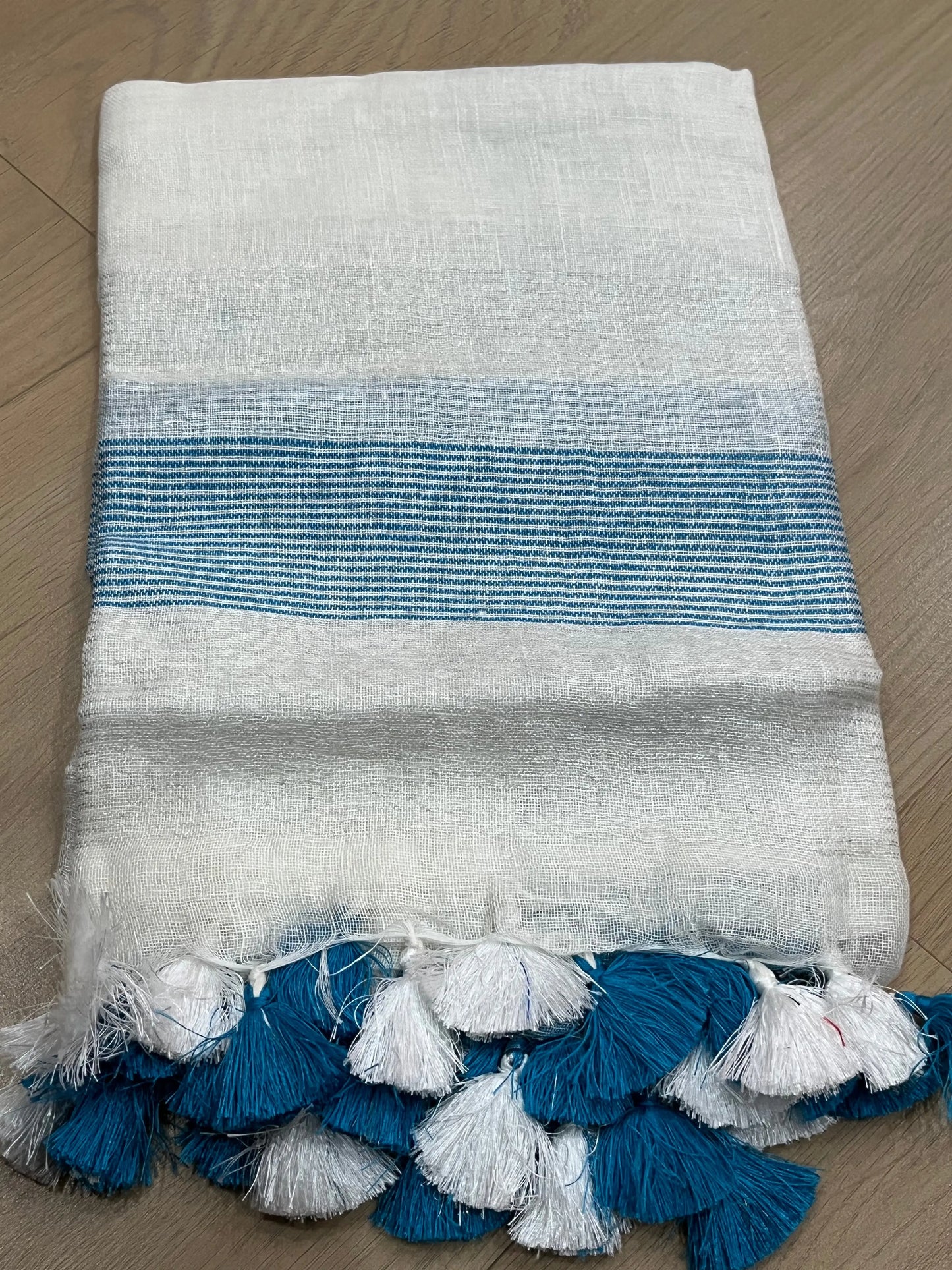 LINEN DUPATTA: White Linen Dupatta with blue silver border with Tassels | KIHUMS Dupatta