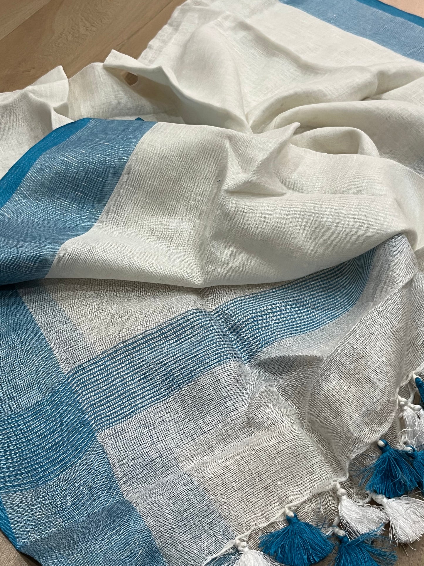 LINEN DUPATTA: White Linen Dupatta with blue silver border with Tassels | KIHUMS Dupatta