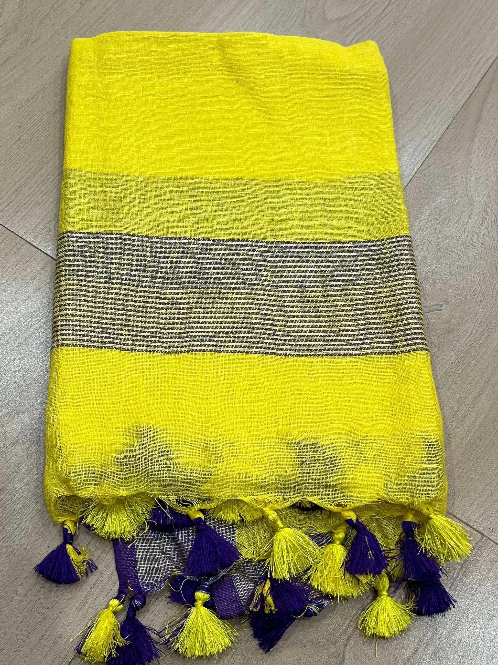 LINEN DUPATTA: Yellow Linen Dupatta with purple silver border with Tassels | KIHUMS Dupatta kihums clothing