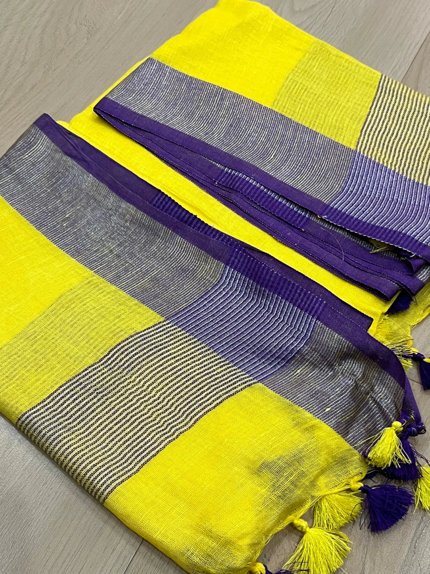 LINEN DUPATTA: Yellow Linen Dupatta with purple silver border with Tassels | KIHUMS Dupatta kihums clothing