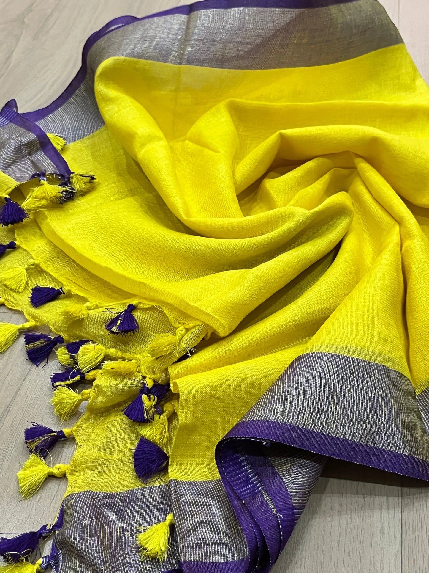 LINEN DUPATTA: Yellow Linen Dupatta with purple silver border with Tassels | KIHUMS Dupatta kihums clothing