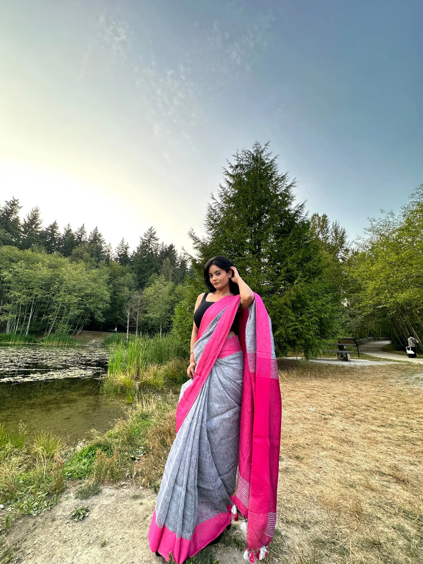 Grey Handwoven organic Linen Saree | Pink border| KIHUMS Saree kihums clothing