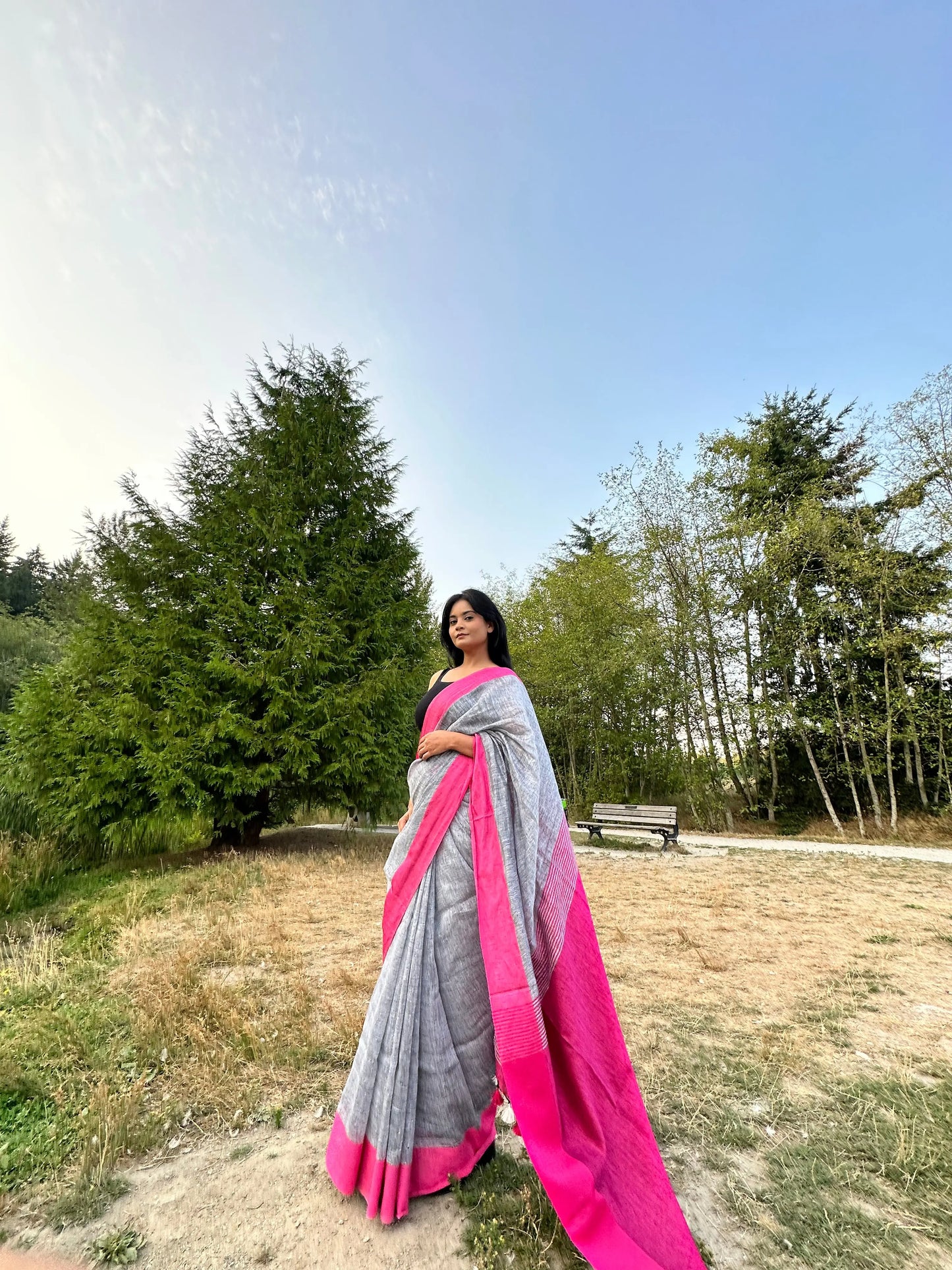 Grey Handwoven organic Linen Saree | Pink border| KIHUMS Saree kihums clothing