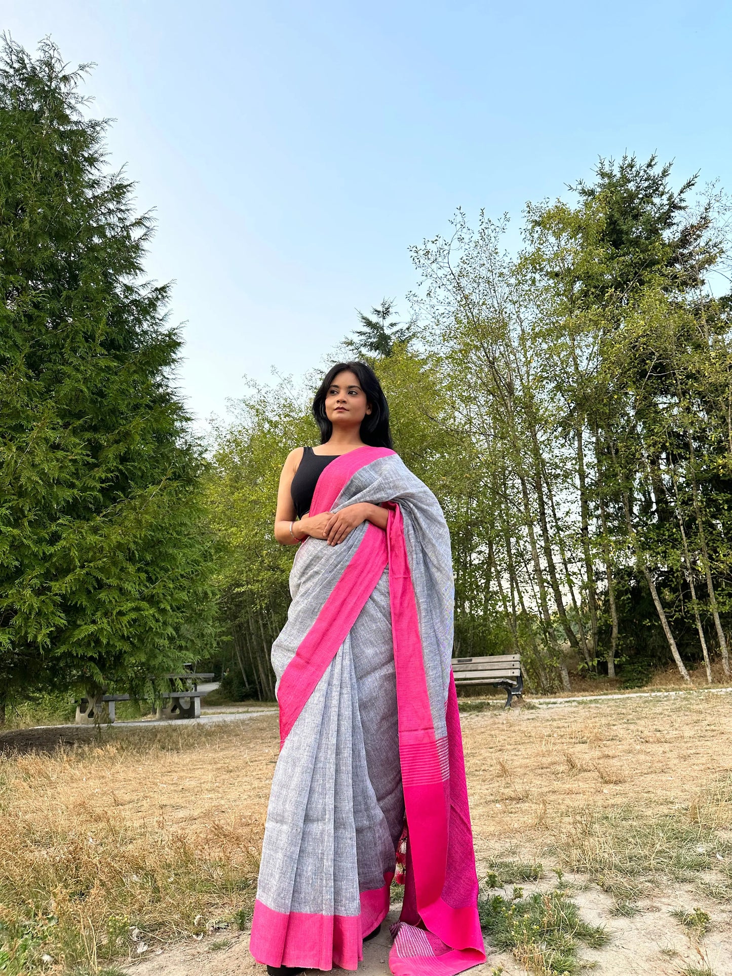 Grey Handwoven organic Linen Saree | Pink border| KIHUMS Saree kihums clothing