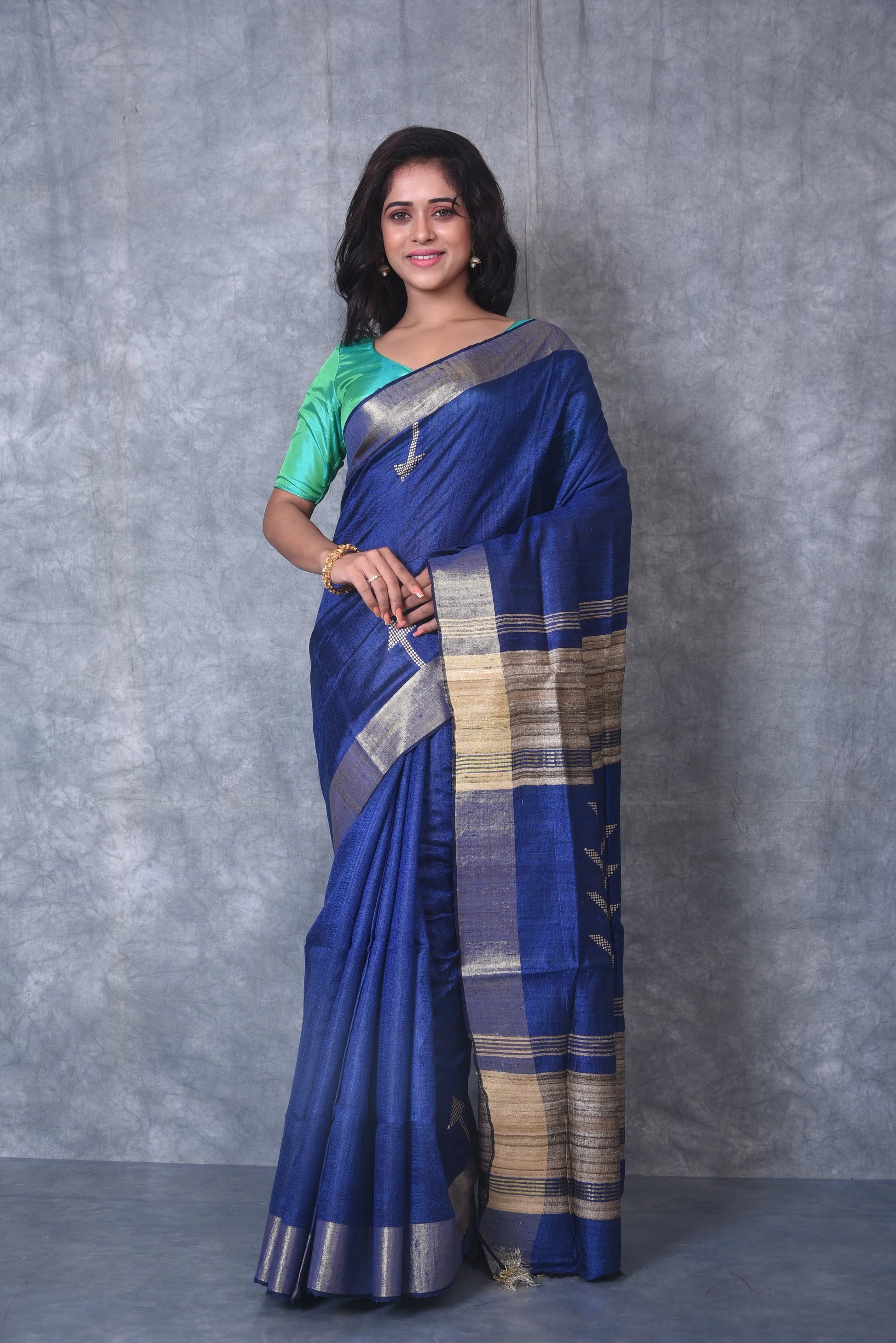 Blue Shade Handwoven Tussar Dupion Raw Silk Saree | KIHUMS Saree kihums clothing