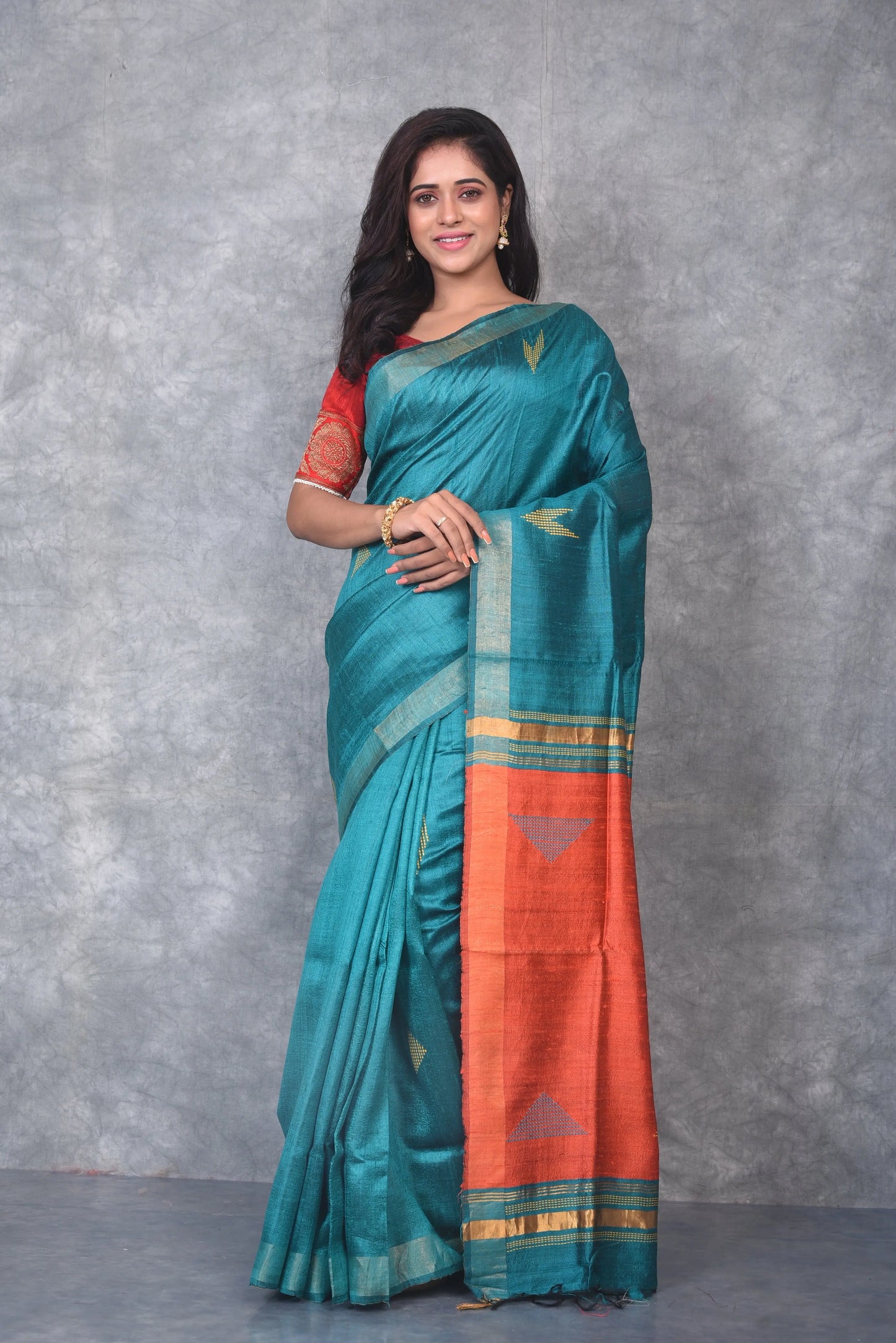 Turquoise Shade Handwoven Tussar Dupion Raw Silk Saree | KIHUMS Saree kihums clothing