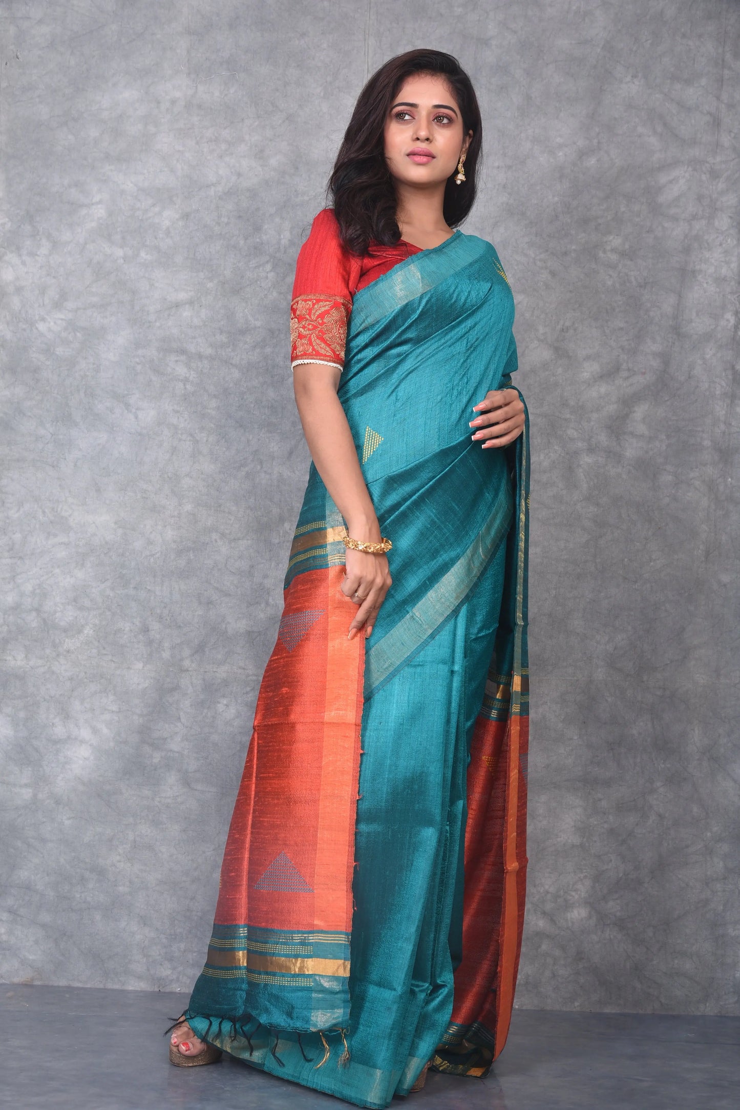 Turquoise Shade Handwoven Tussar Dupion Raw Silk Saree | KIHUMS Saree kihums clothing
