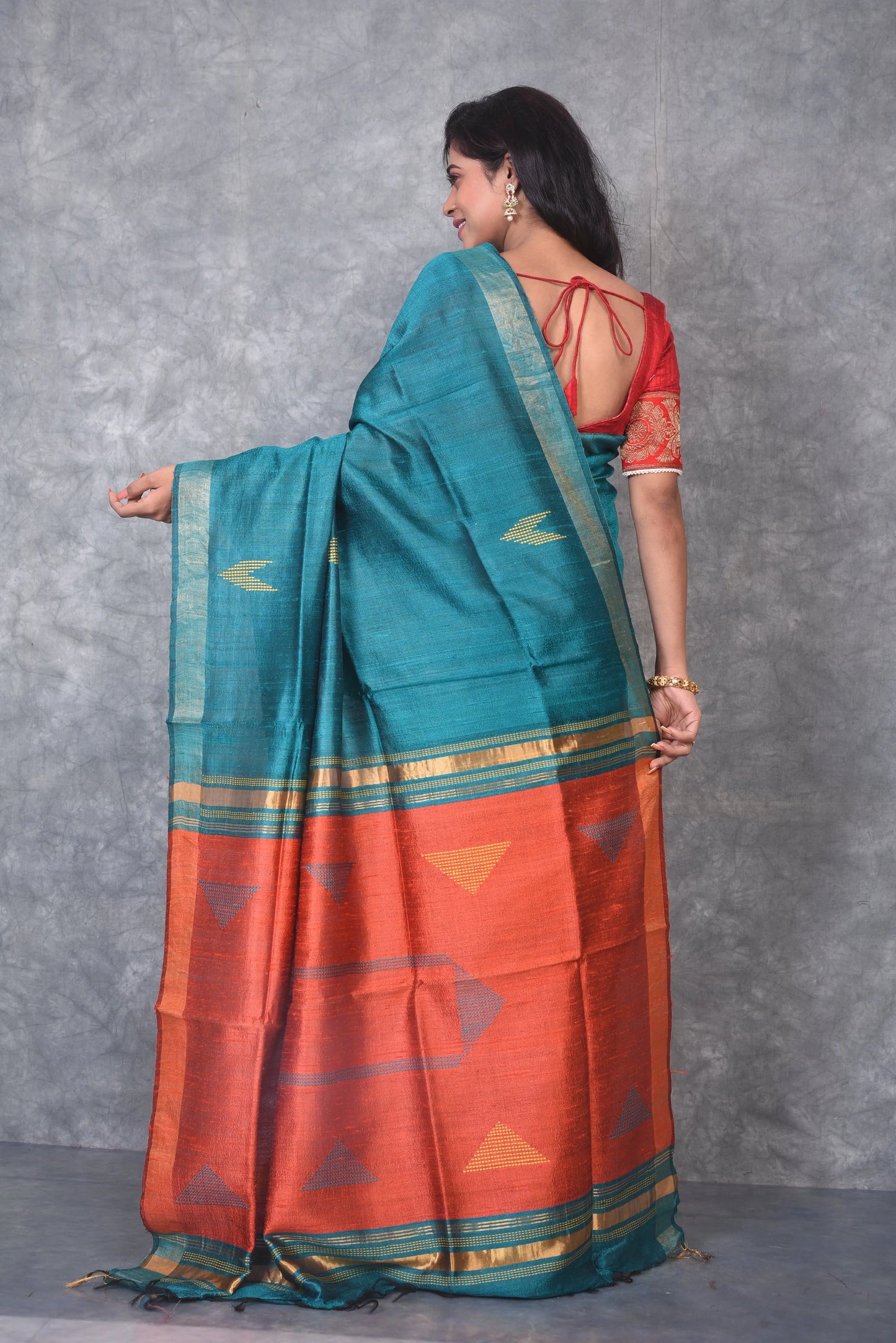 Turquoise Shade Handwoven Tussar Dupion Raw Silk Saree | KIHUMS Saree kihums clothing