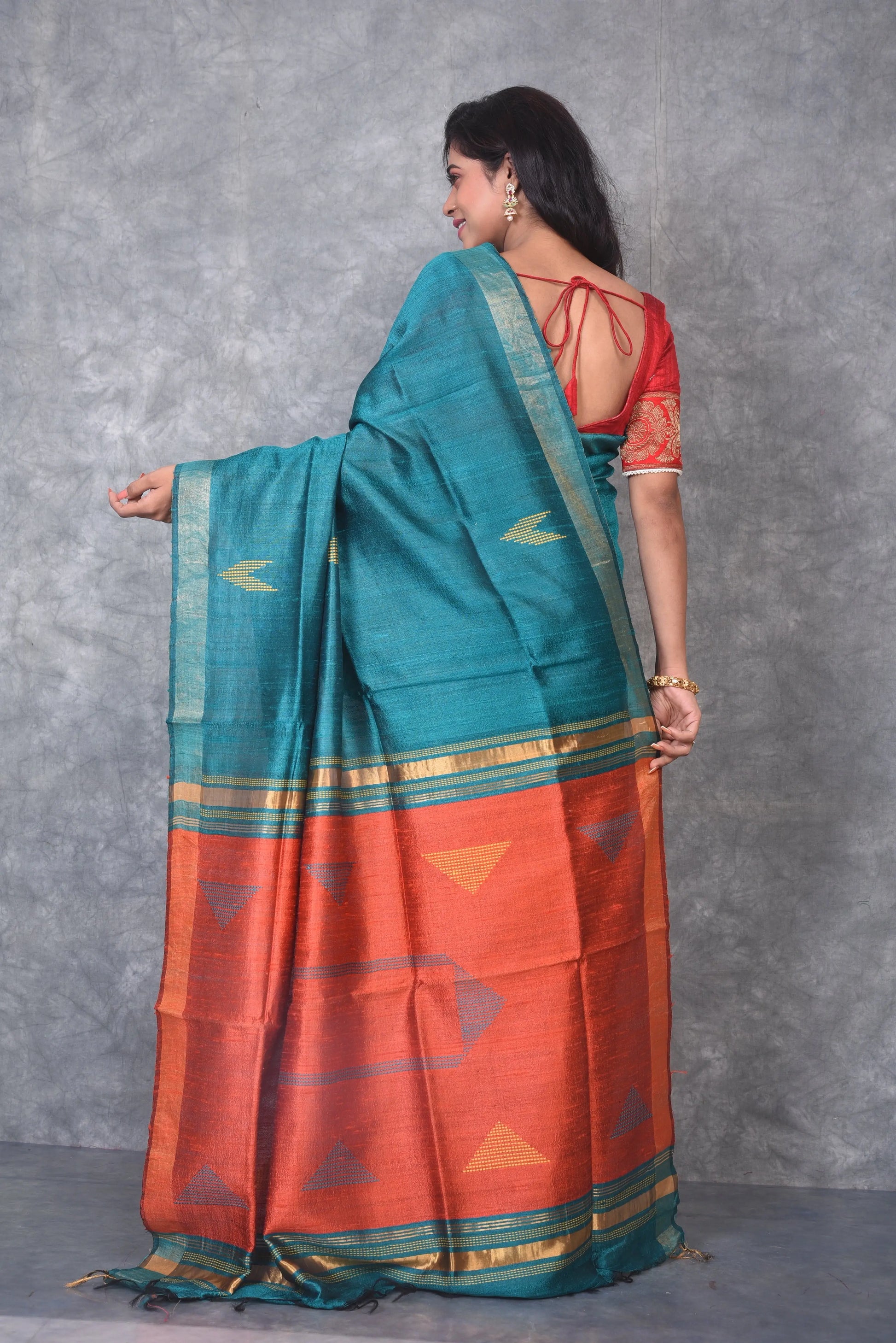 Turquoise Shade Handwoven Tussar Dupion Raw Silk Saree | KIHUMS Saree kihums clothing