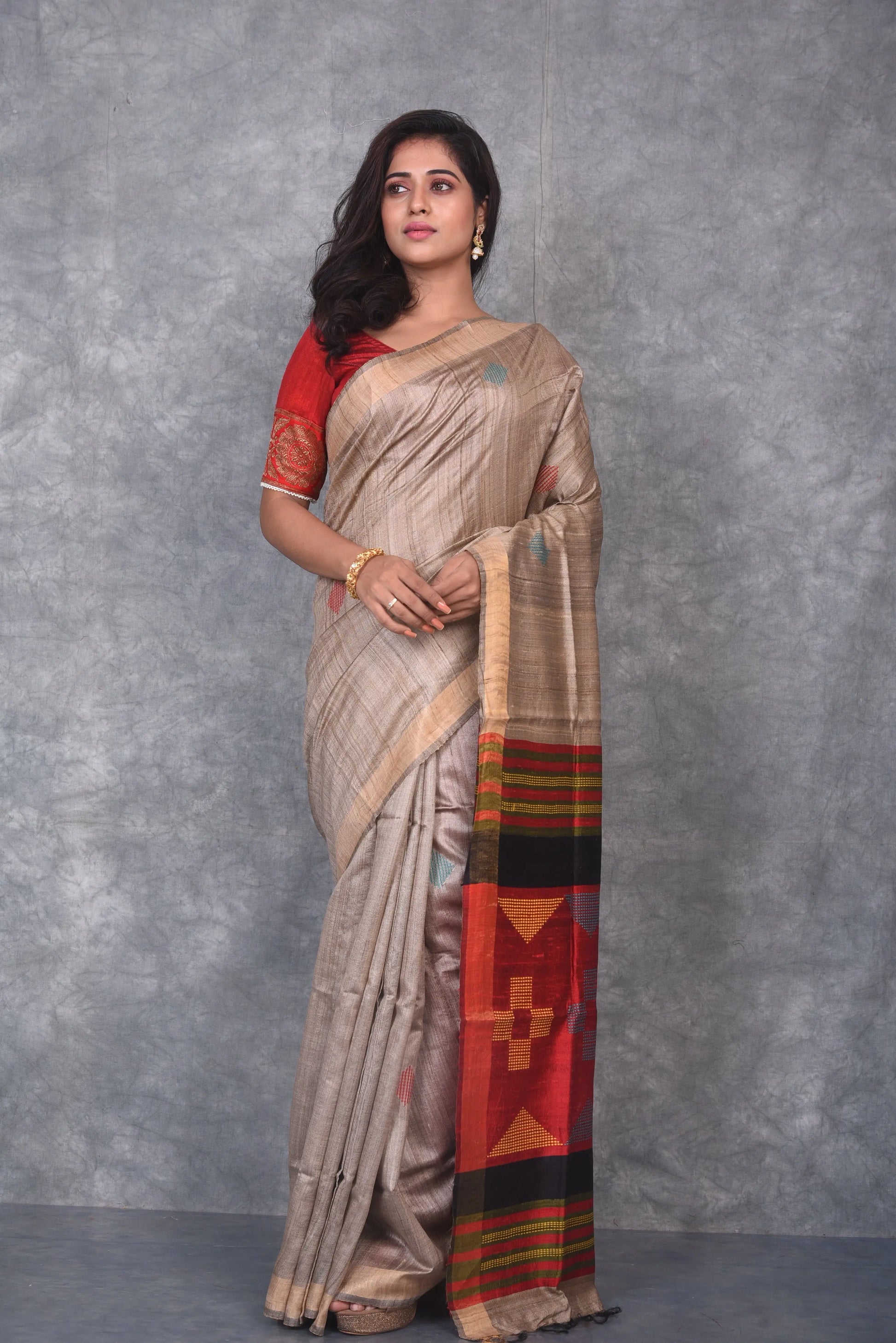 Natural Silk Shade Handwoven Tussar Dupion Raw Silk Saree | KIHUMS Saree kihums clothing