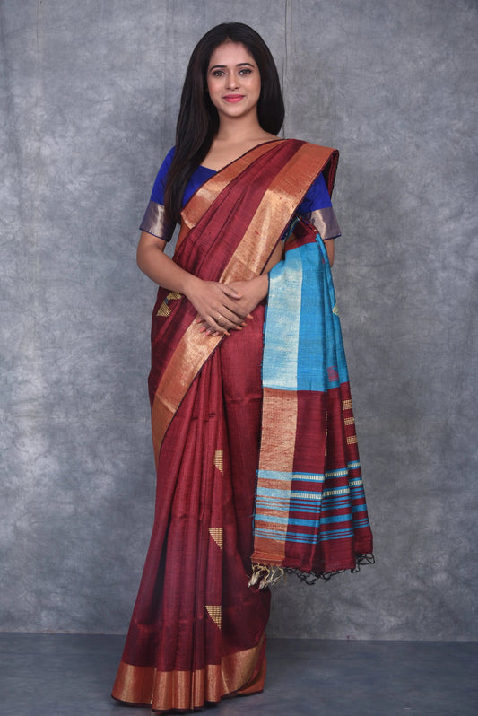 Maroon Shade Handwoven Tussar Dupion Raw Silk Saree | KIHUMS Saree kihums clothing