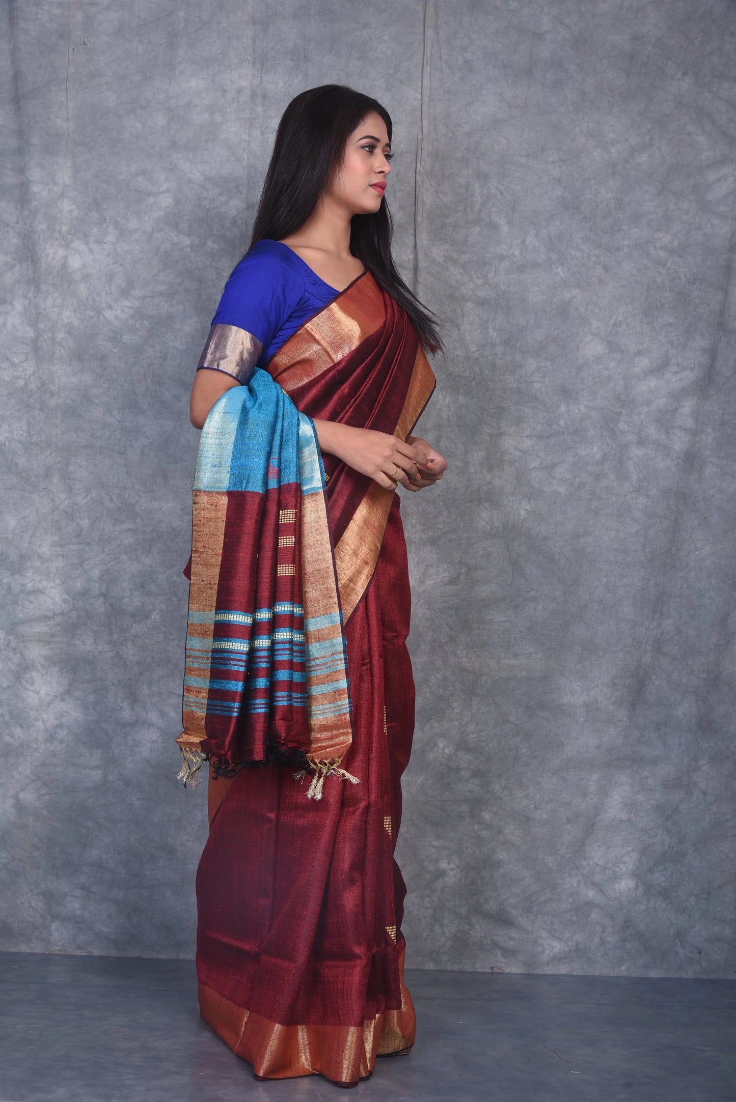 Maroon Shade Handwoven Tussar Dupion Raw Silk Saree | KIHUMS Saree kihums clothing