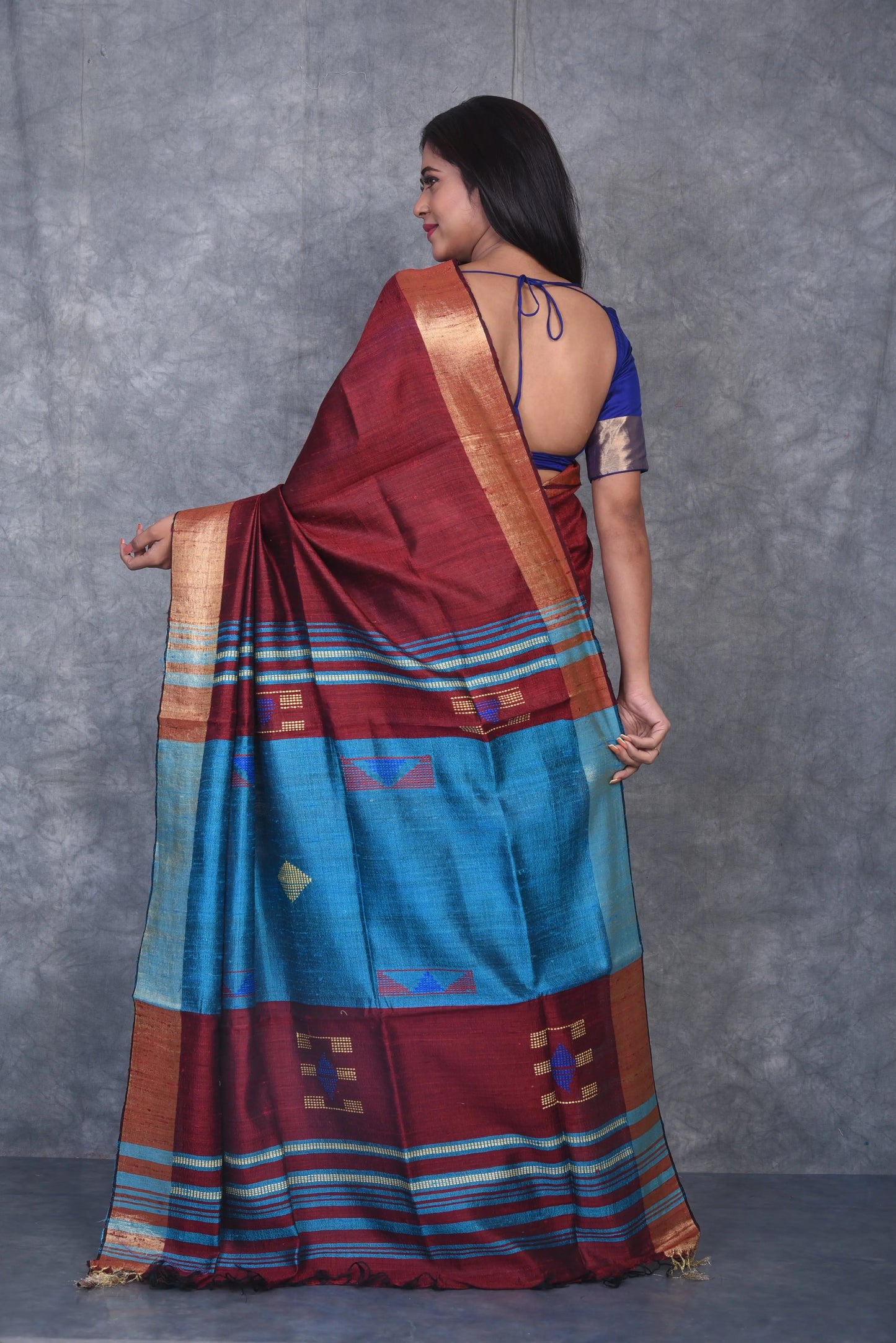 Maroon Shade Handwoven Tussar Dupion Raw Silk Saree | KIHUMS Saree kihums clothing