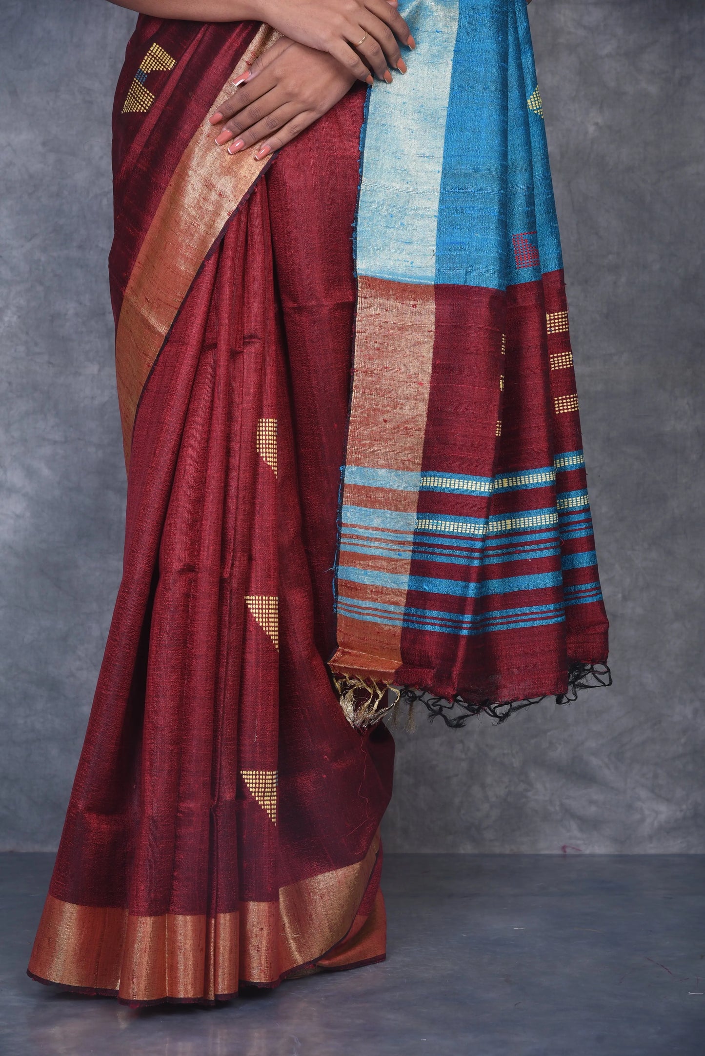 Maroon Shade Handwoven Tussar Dupion Raw Silk Saree | KIHUMS Saree kihums clothing