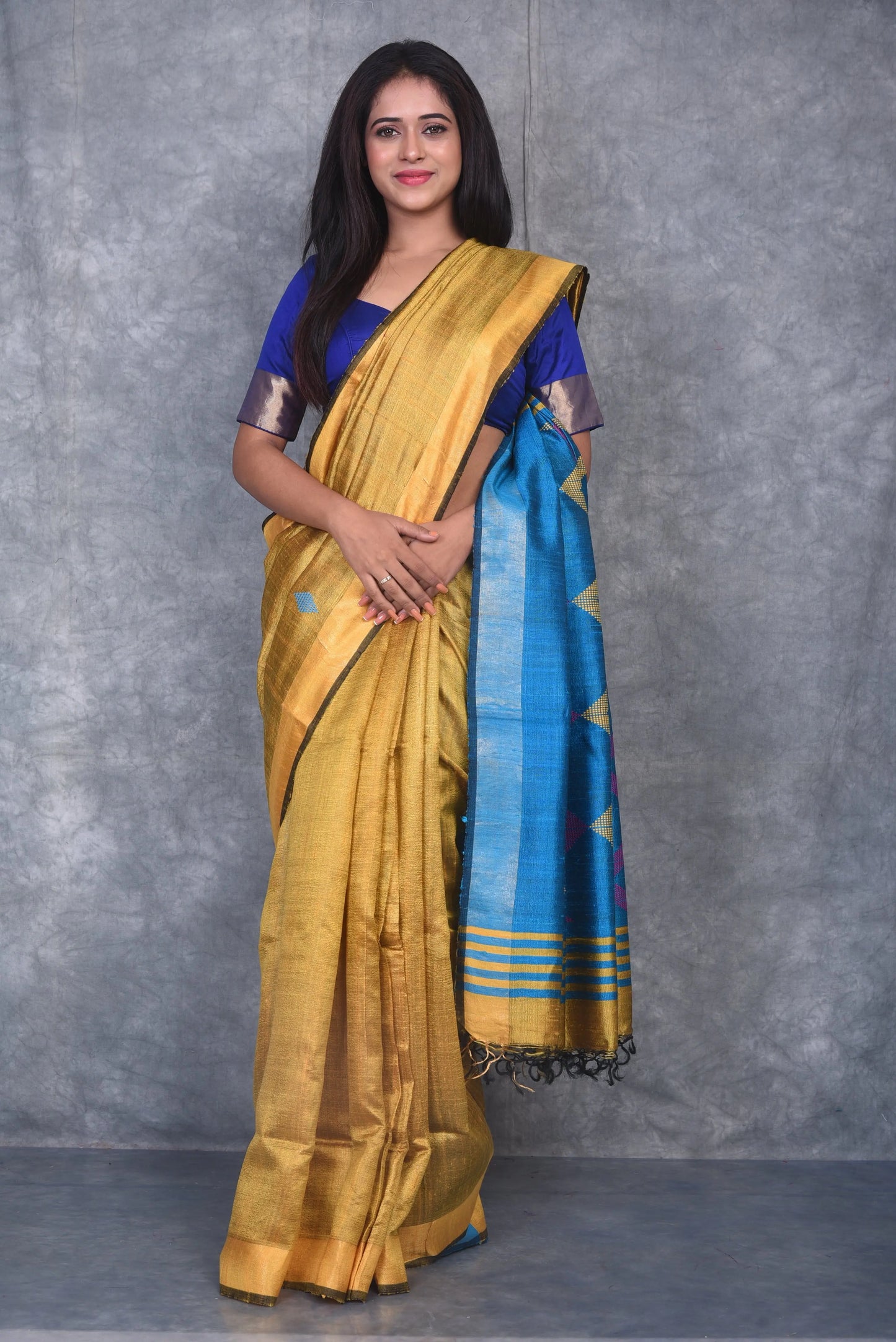 Golden Yellow Shade Handwoven Tussar Dupion Raw Silk Saree | KIHUMS Saree kihums clothing