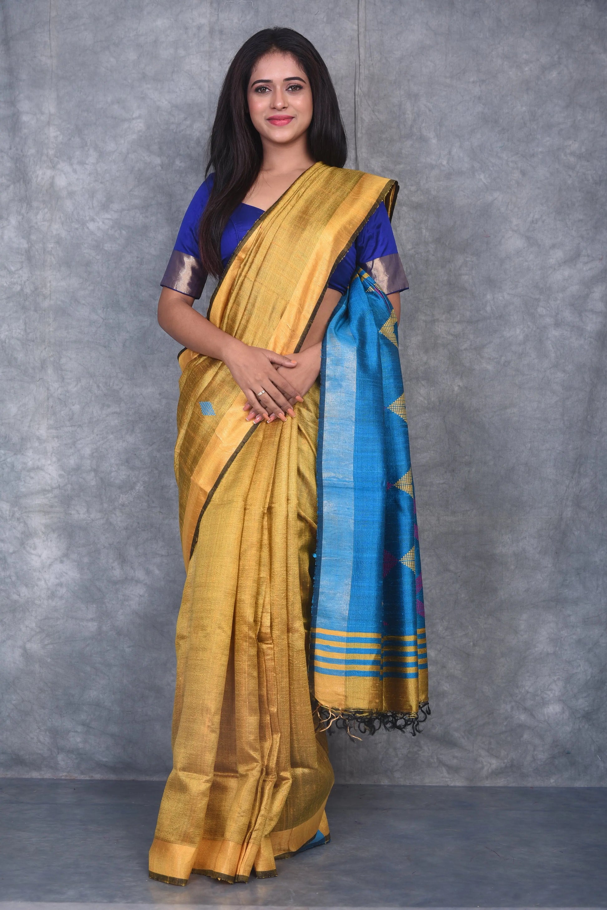 Golden Yellow Shade Handwoven Tussar Dupion Raw Silk Saree | KIHUMS Saree kihums clothing