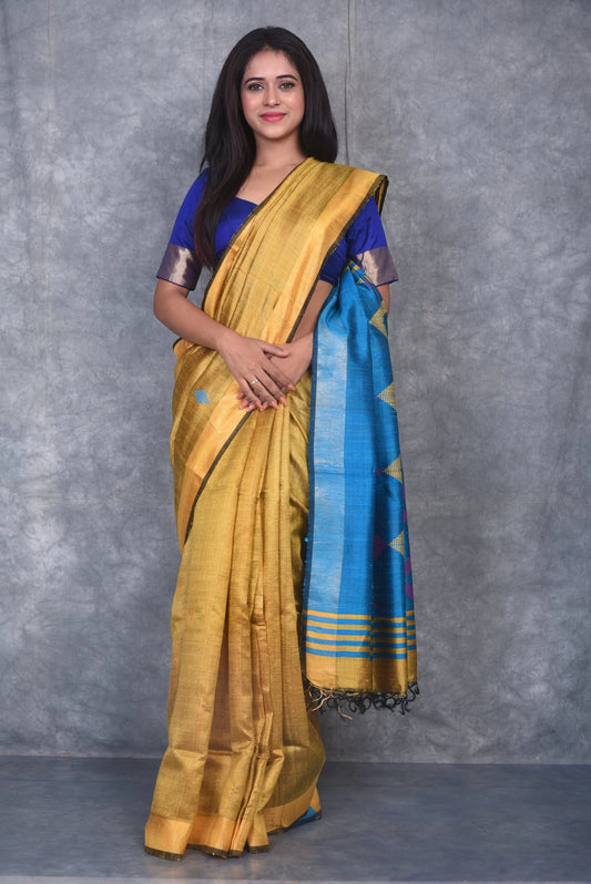 Golden Yellow Shade Handwoven Tussar Dupion Raw Silk Saree | KIHUMS Saree kihums clothing